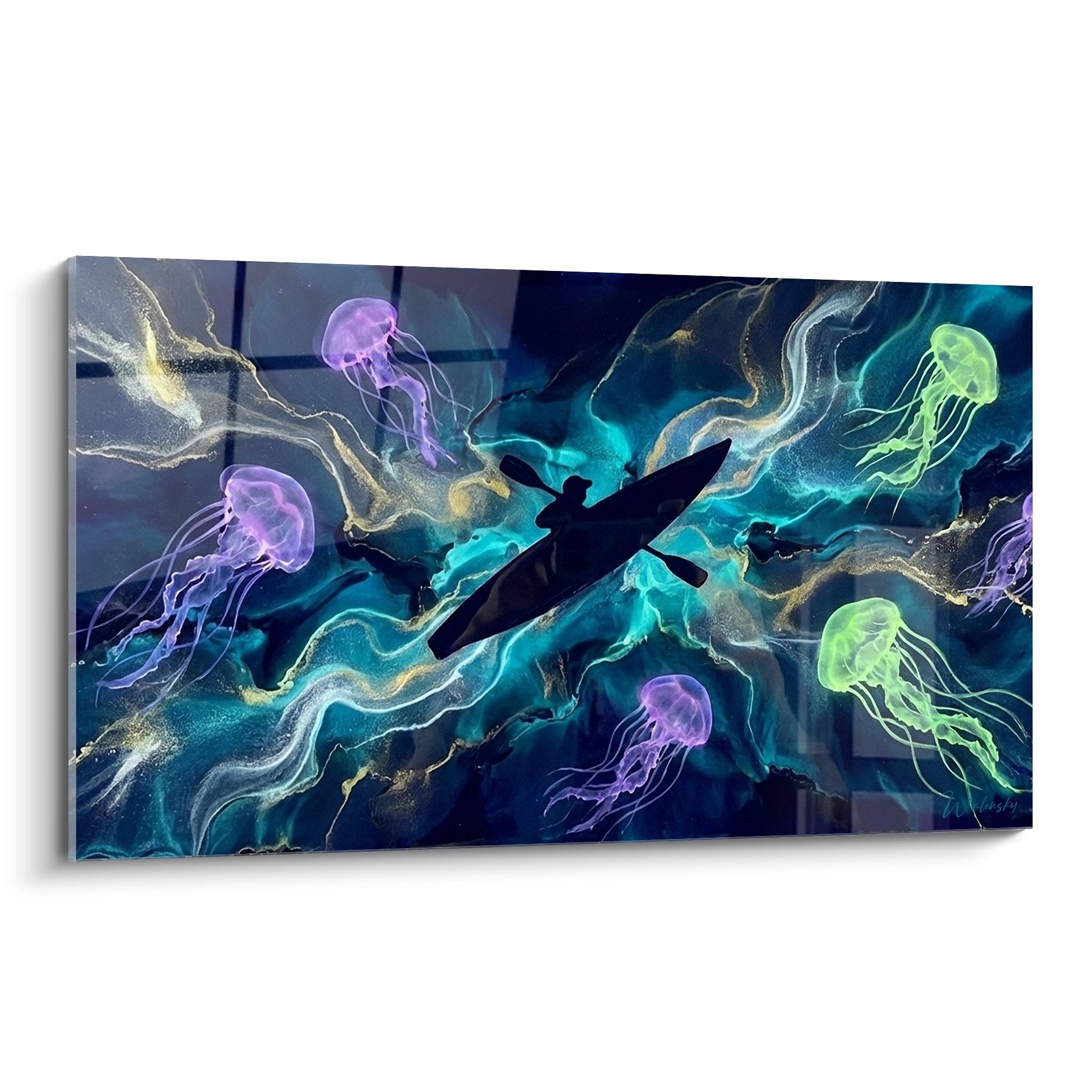 Tableau artistique montrant un kayakeur naviguant parmi des meduses colorees dans un ocean bleu profond