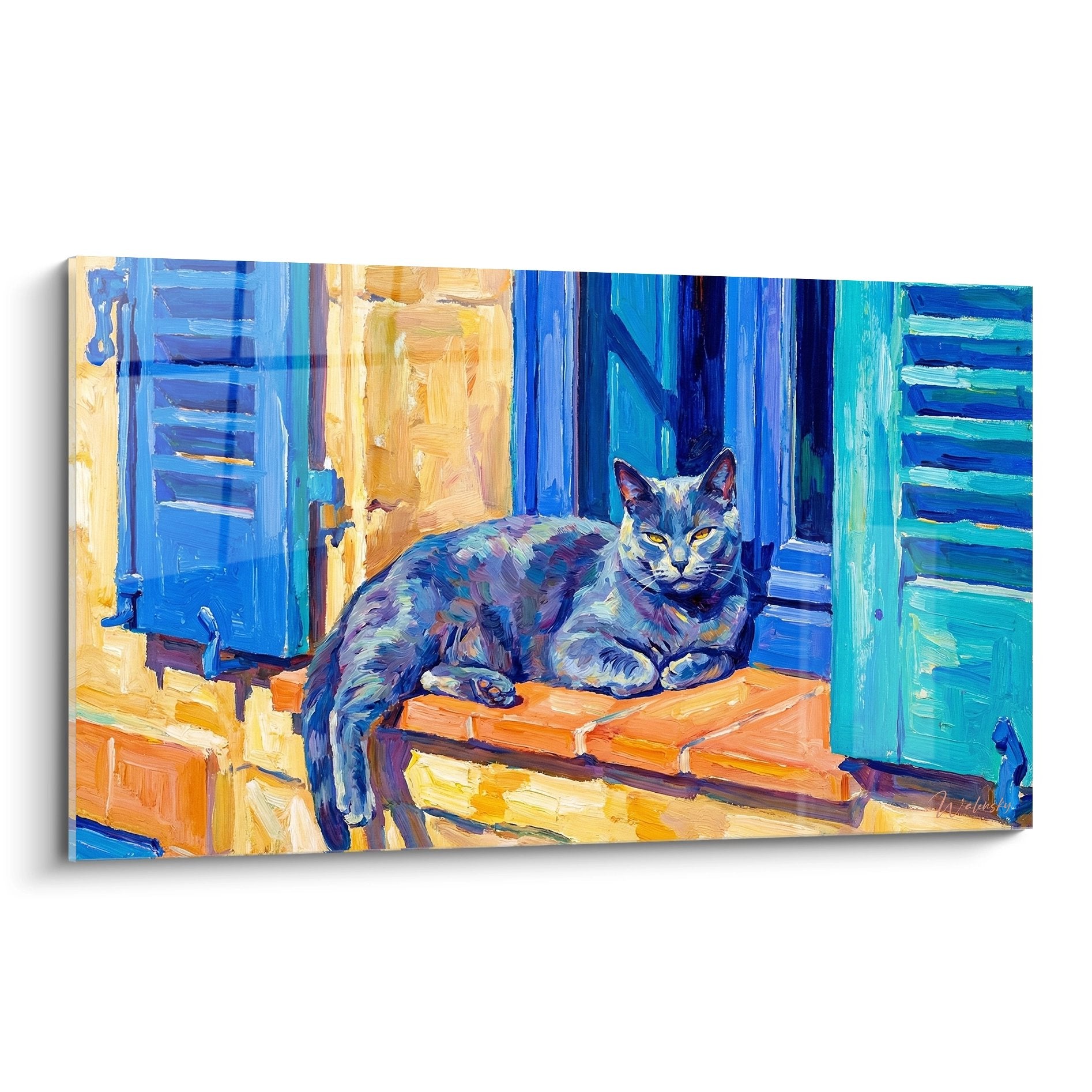 Tableau d'un chat gris sur fenêtre méditerranéenne aux volets bleus, style post-impressionniste