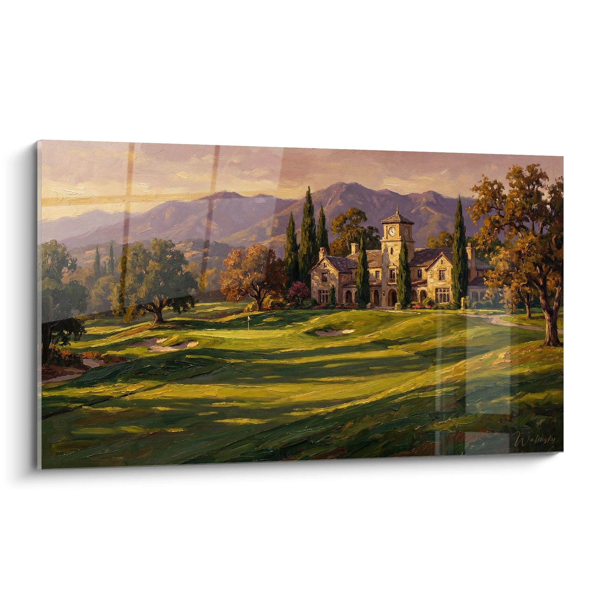 Tableau golf club house montagne coucher soleil green terrain golf art mural decoration
