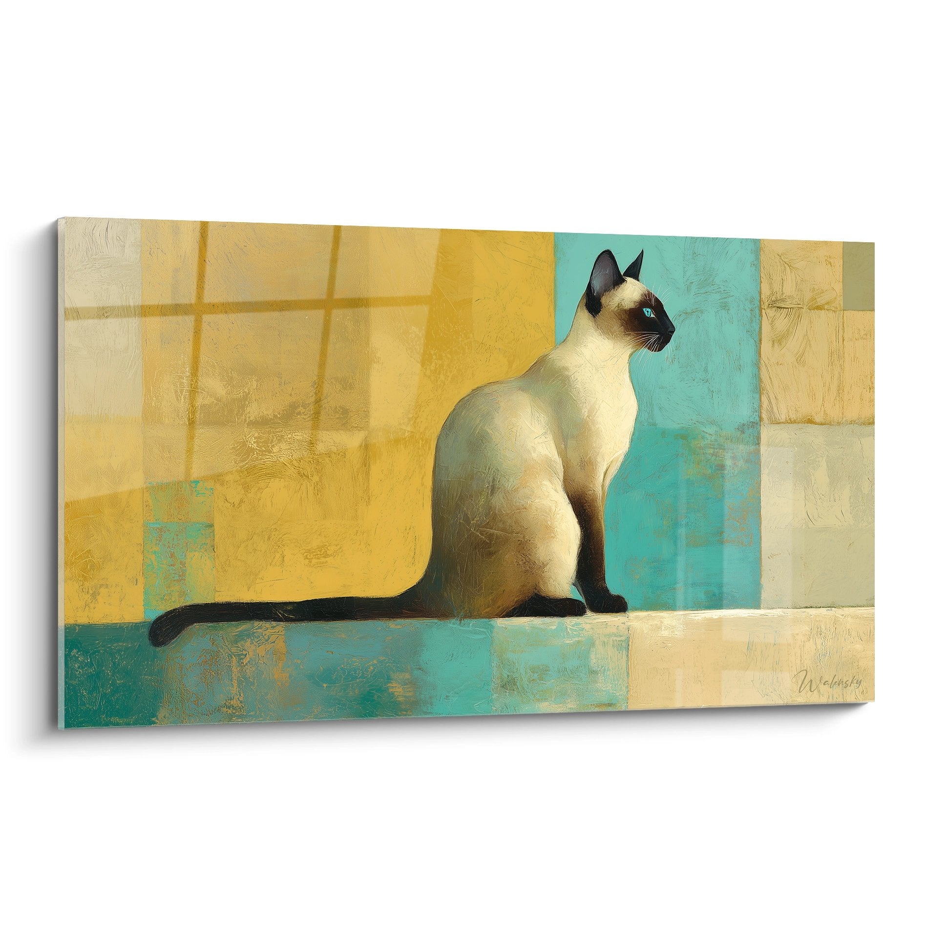 Quadro moderno di gatto siamese su sfondo geometrico dorato e turchese, stile contemporaneo elegante