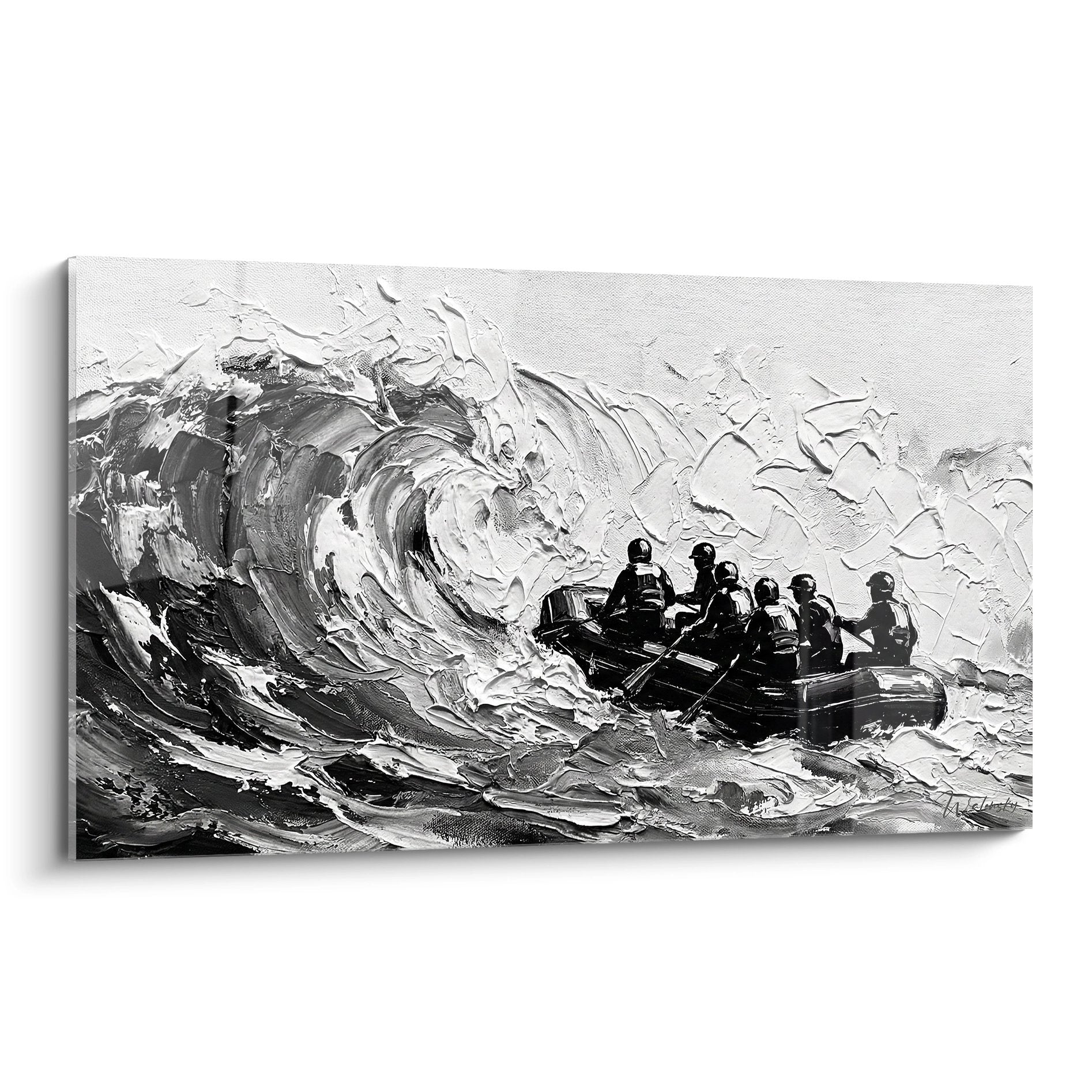 Schwarz-Weiß-Gemälde Rafting Sturm mit Crew kämpft gegen mächtige Welle dramatische Wandkunst