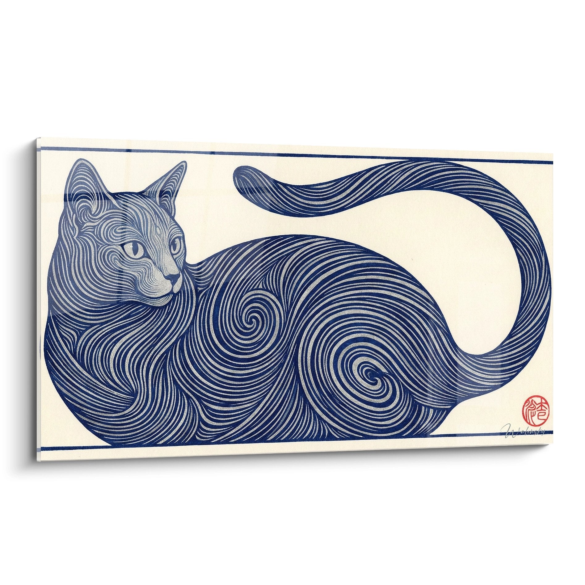 Tableau moderne de chat stylise aux motifs spirales bleus sur fond creme, style art japonais contemporain