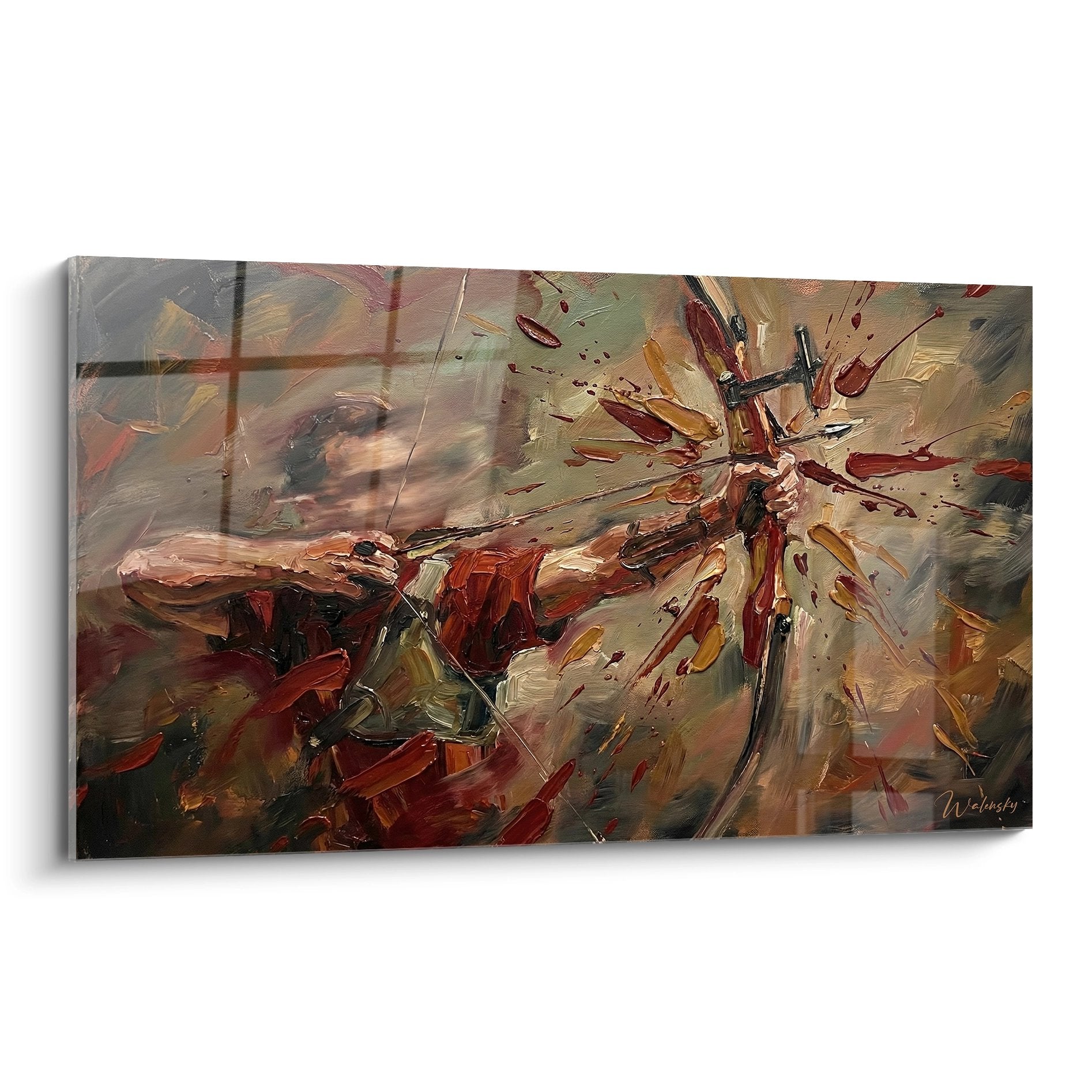 Tableau expressionniste d'un archer en action avec explosion de couleurs rouges et ocres sur toile moderne