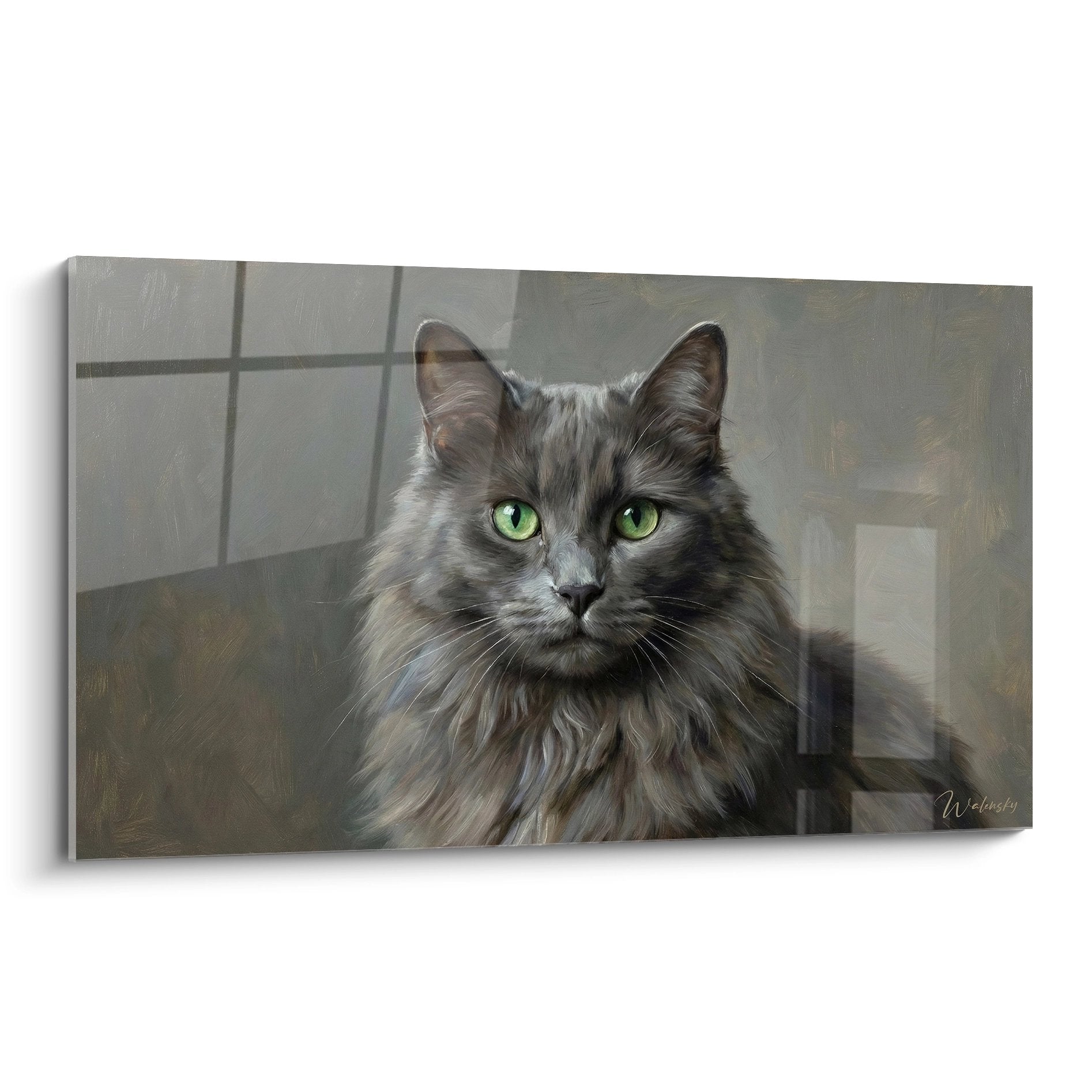 Quadro ritratto gatto Nebelung con occhi verdi contemplativo, pelage grigio argentato, arte murale felina realistica