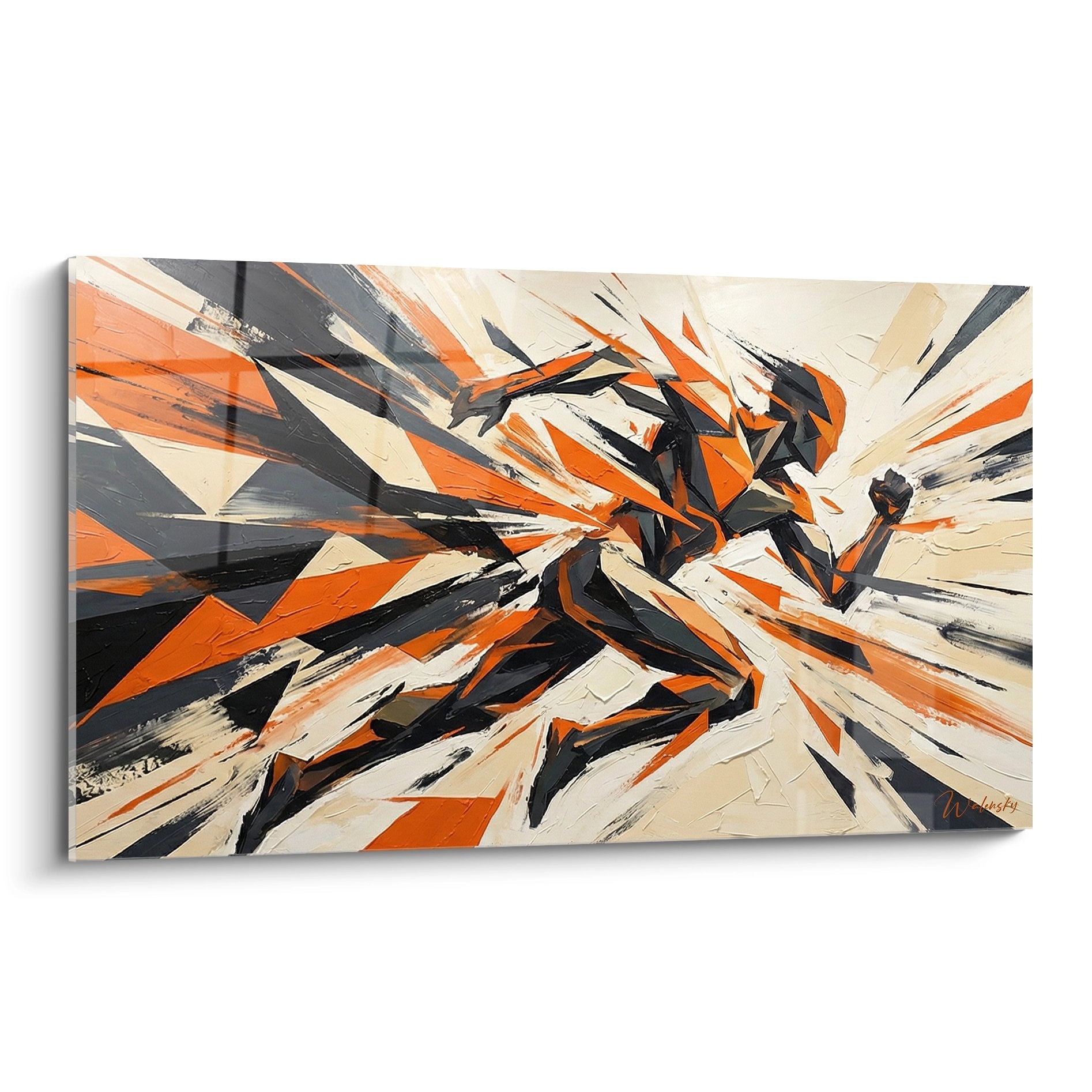 Tableau moderne représentant un coureur abstrait en mouvement avec formes géométriques orange et grises explosives