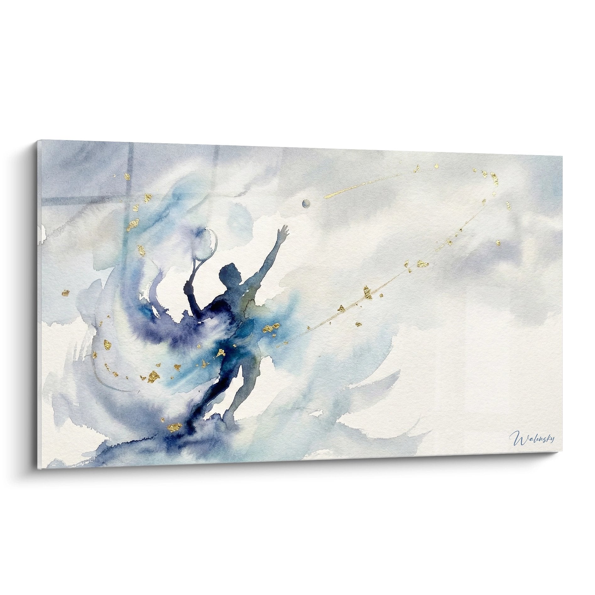 Tableau aquarelle joueur tennis victoire bras leves raquette fond nuages bleus touches dorees art sportif moderne