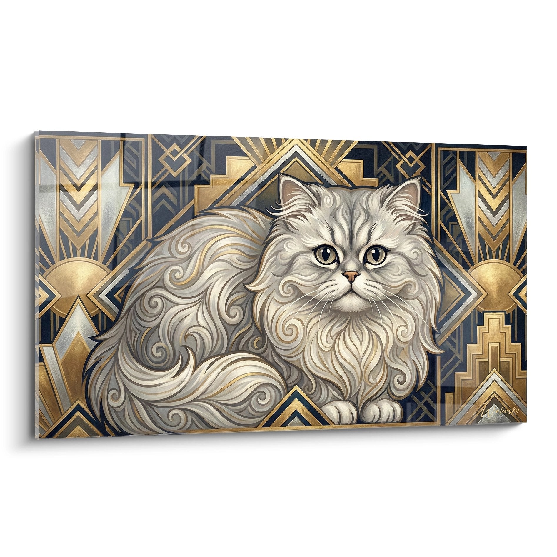 Wandbild persische Katze Art-Deco-Stil mit goldenen geometrischen Mustern auf anthrazitgrauem Hintergrund