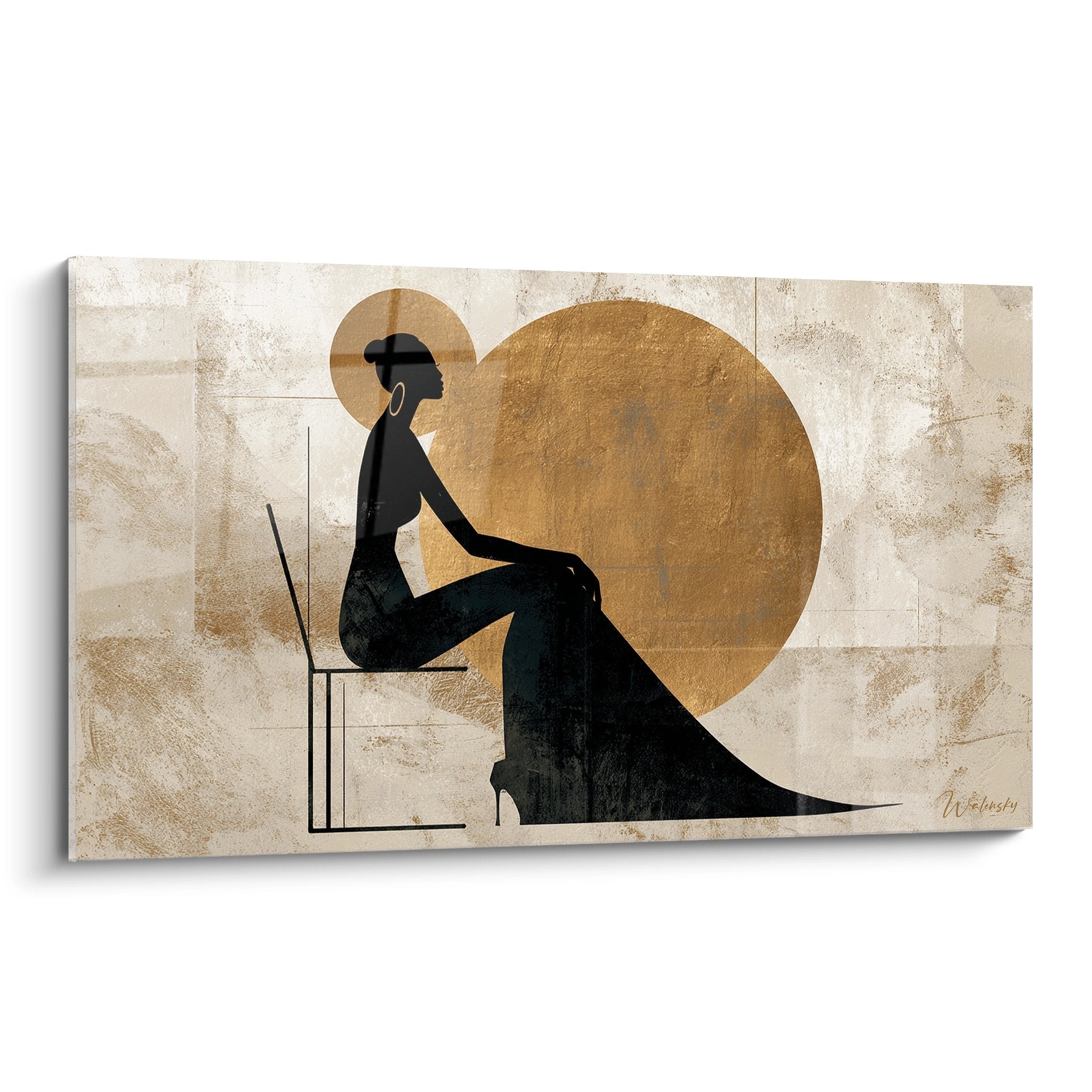 Quadro moderno donna africana silhouette nera su fondo dorato con aureola, arte murale contemporanea