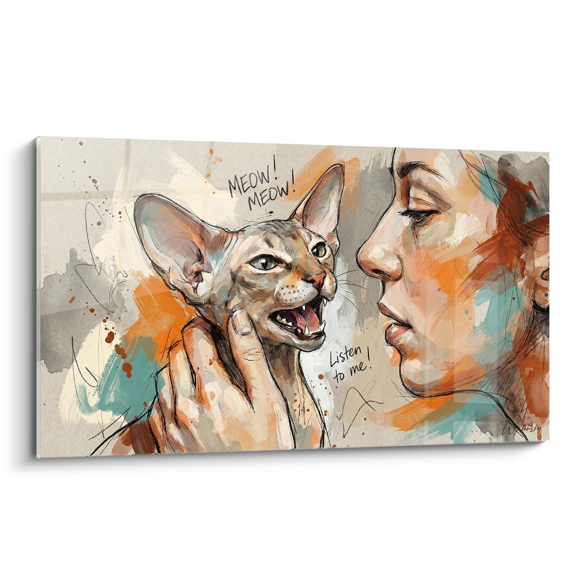Dipinto artistico che mostra un gatto Peterbald in dialogo con una persona, pittura moderna nei toni arancione e turchese