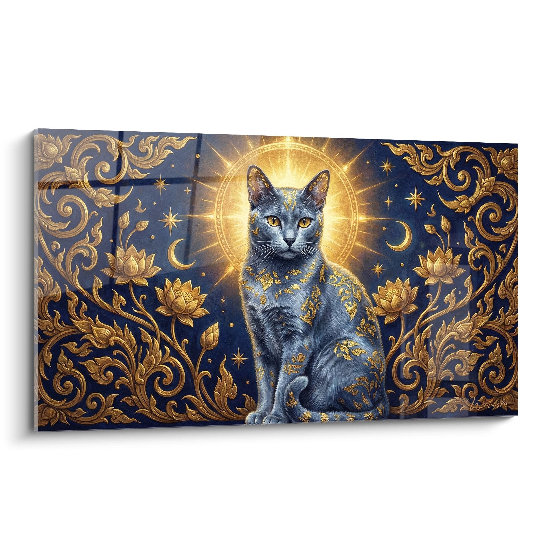 Tableau chat Korat gris-bleu avec halo doré et ornements baroques sur fond étoilé bleu nuit