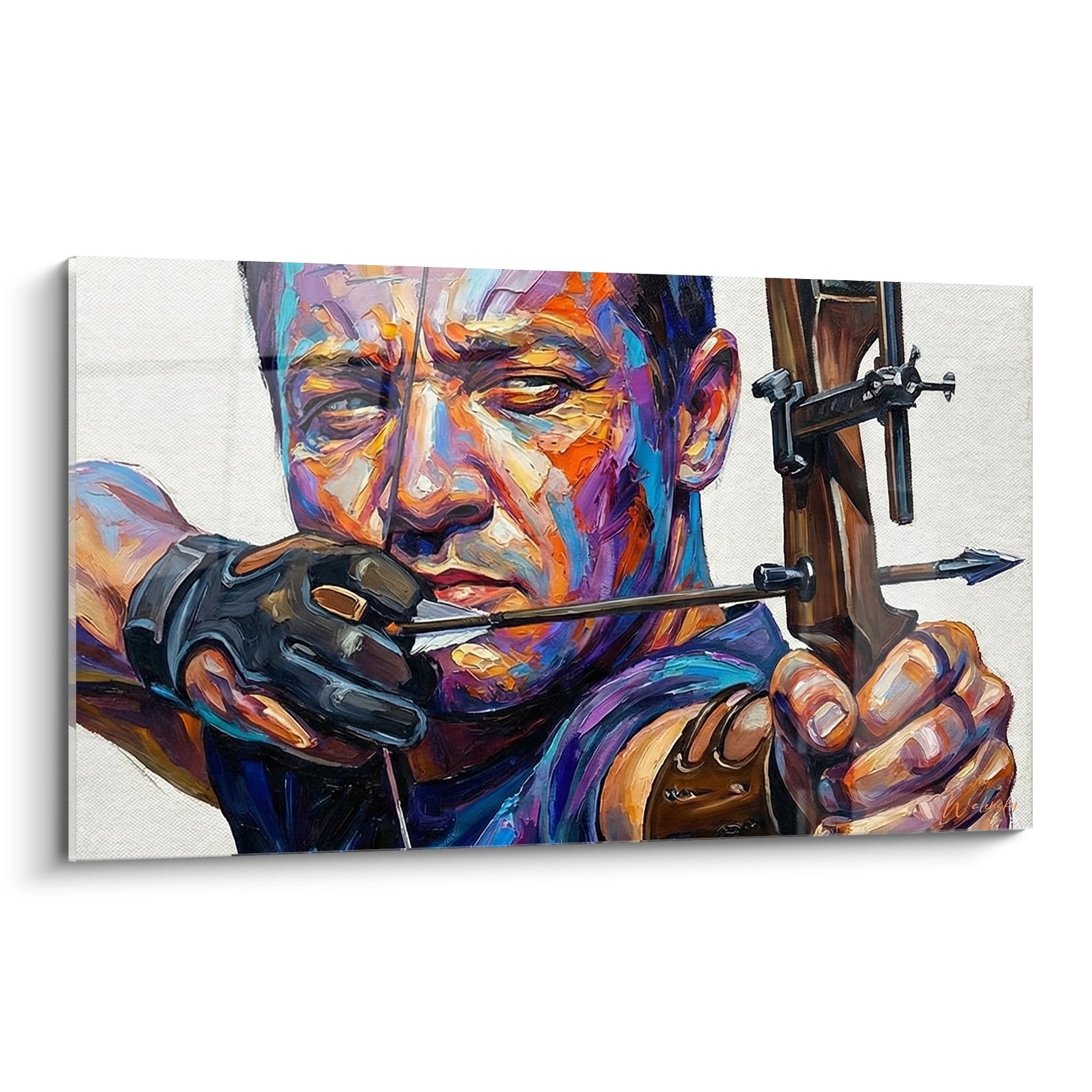 Tableau expressionniste d'archer concentré tenant son arc, couleurs vives orange violet bleu, art tir à l'arc moderne