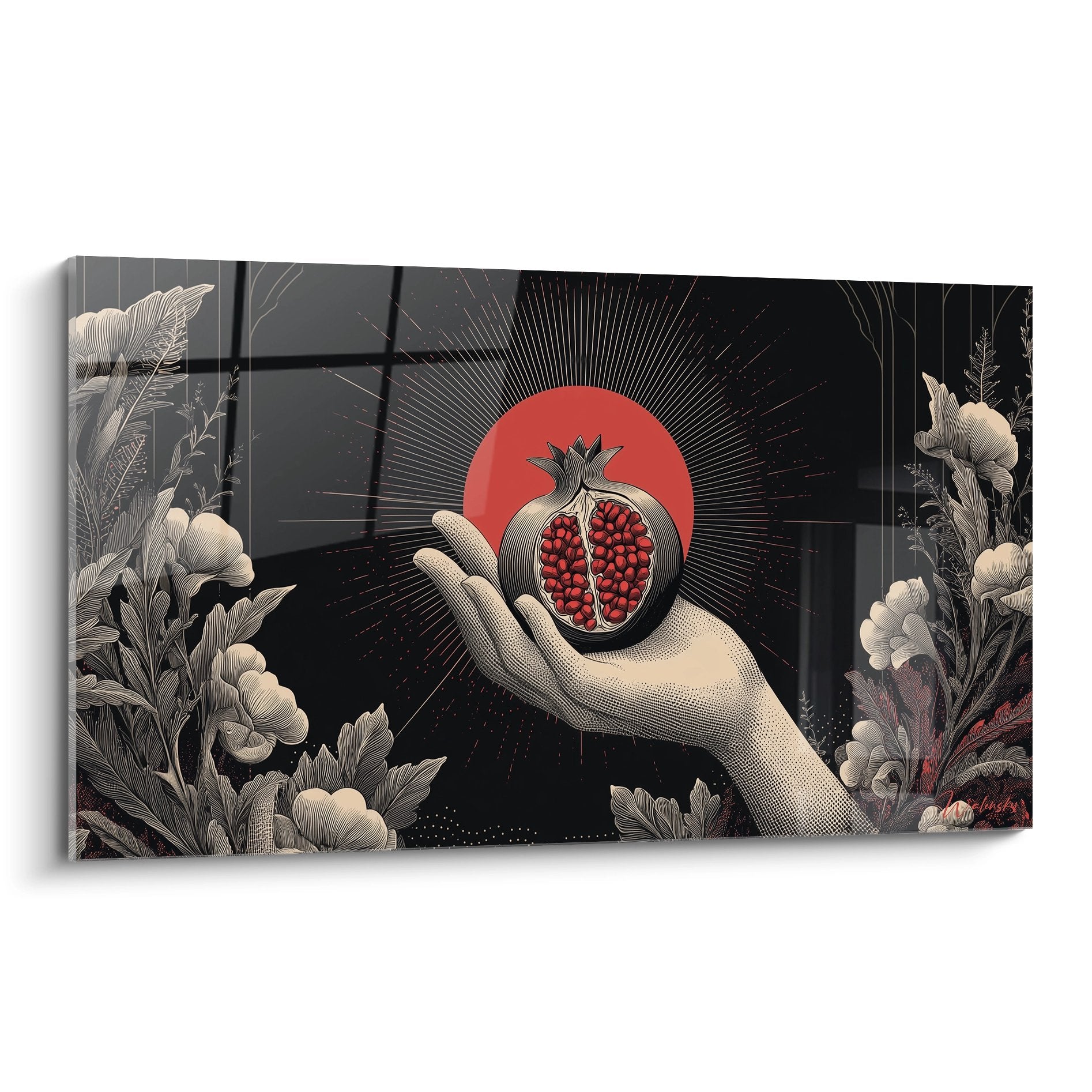 Quadro art déco mano che tiene melagrana rossa su sfondo nero con raggi dorati e vegetazione decorativa