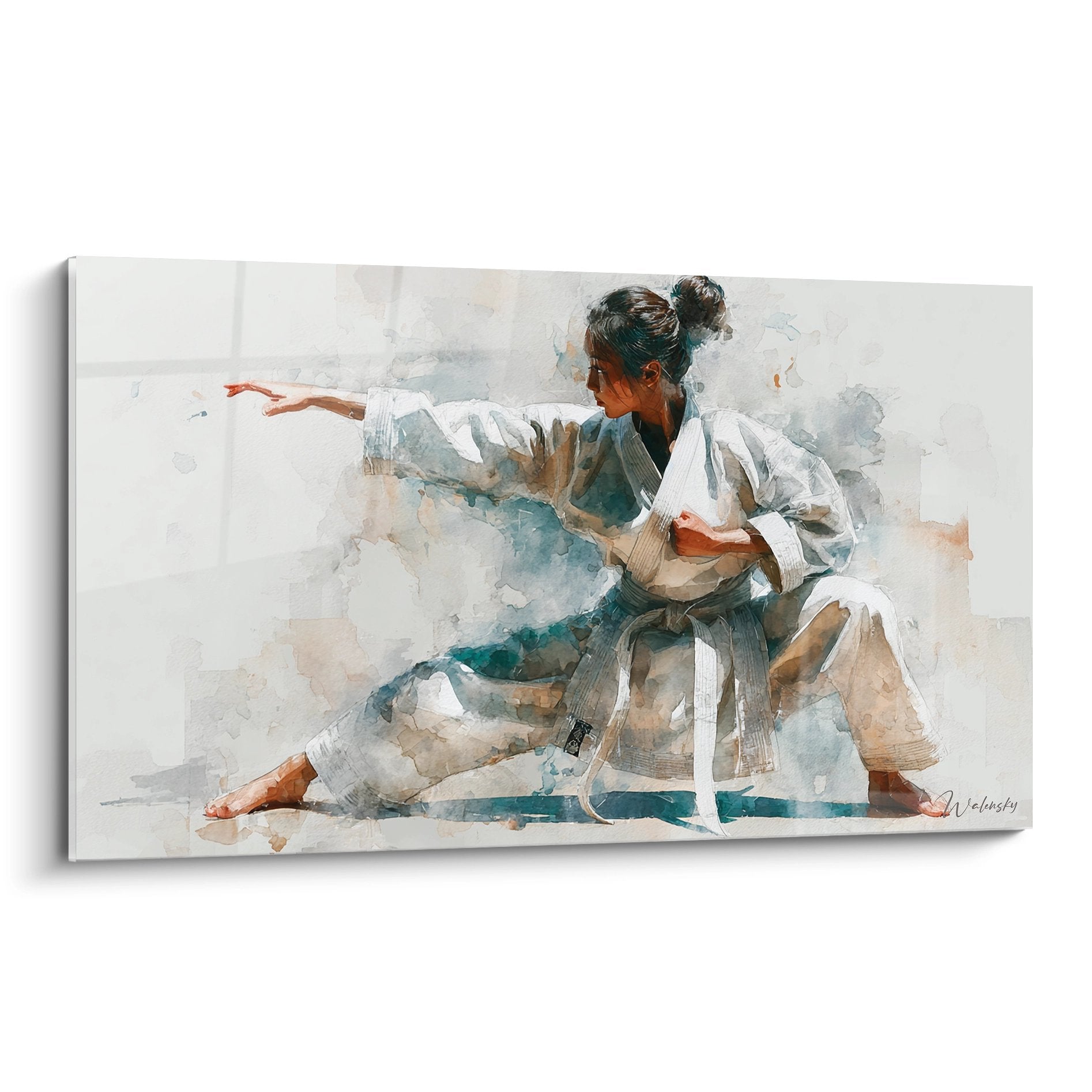 Tableau aquarelle karaté femme en kata avec kimono blanc sur fond artistique bleu turquoise