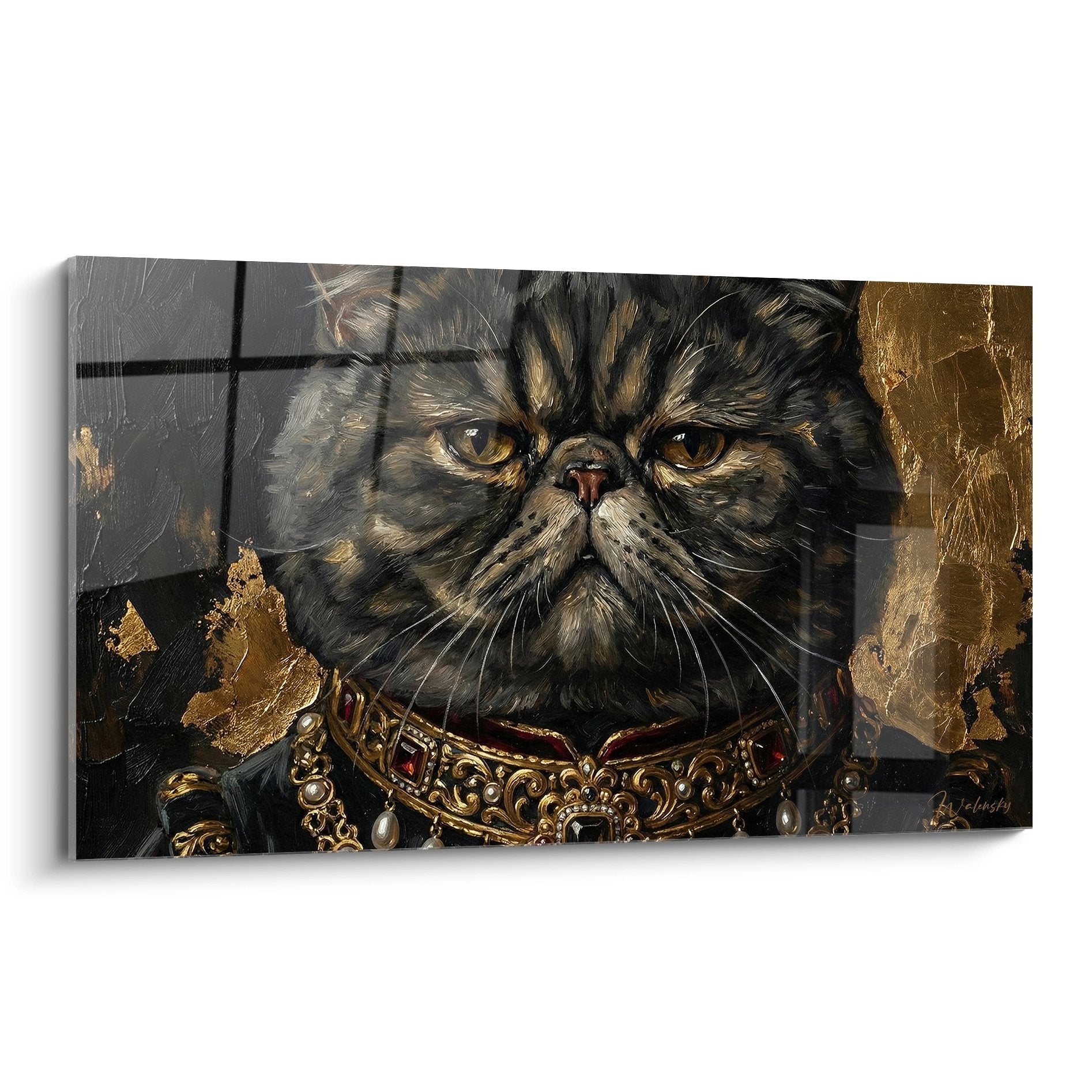 Gemälde Exotic Shorthair Katze in königlicher goldener Kleidung mit barockem Halsband und goldenen Verzierungen auf künstlerischem Hintergrund