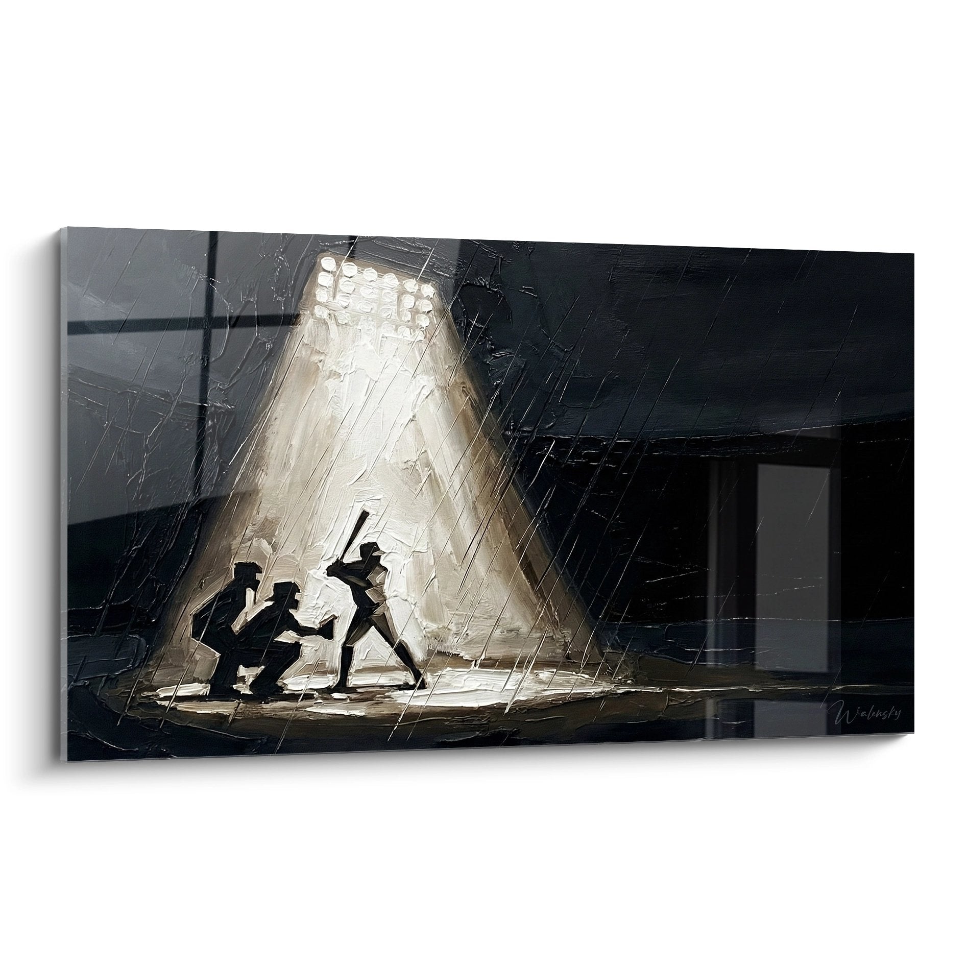 Tableau baseball nocturne montrant des silhouettes sous la pluie illuminees par un faisceau lumineux