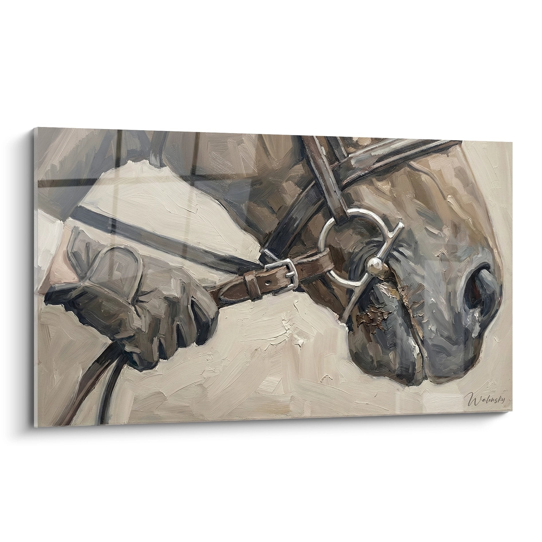 Tableau peinture cheval avec mors et harnais en cuir, art équestre classique tons beiges et bruns