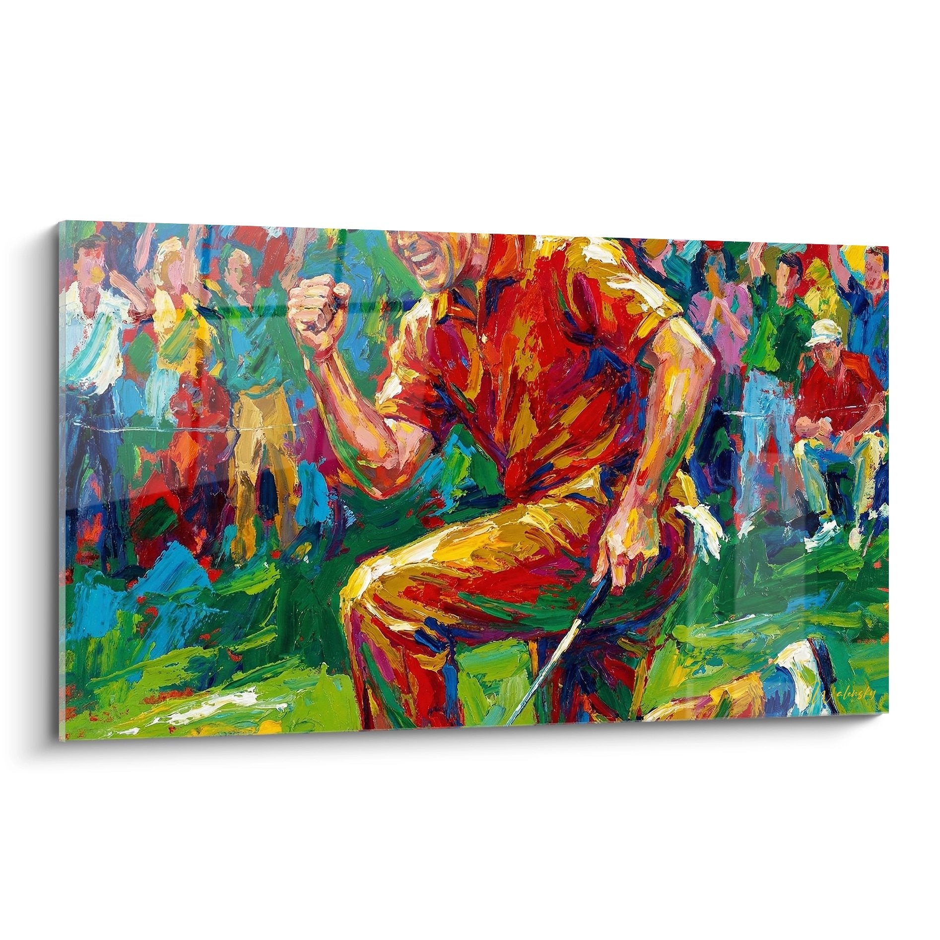 Tableau golf expressionniste montrant un golfeur victorieux aux bras levés dans un style coloré vibrant