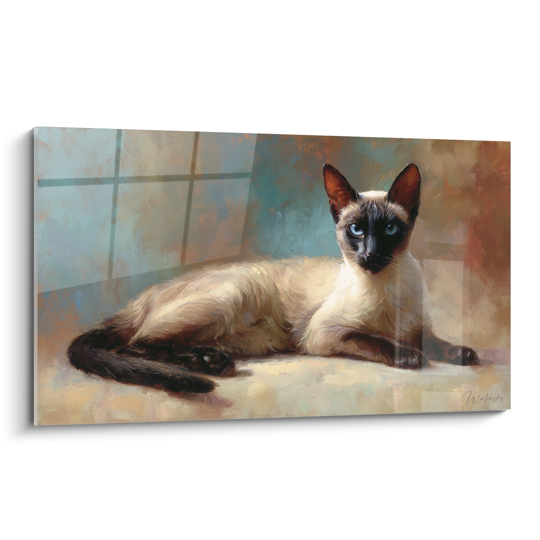 Quadro artistico gatto siamese disteso con occhi blu nella luce dorata, arte murale felina premium