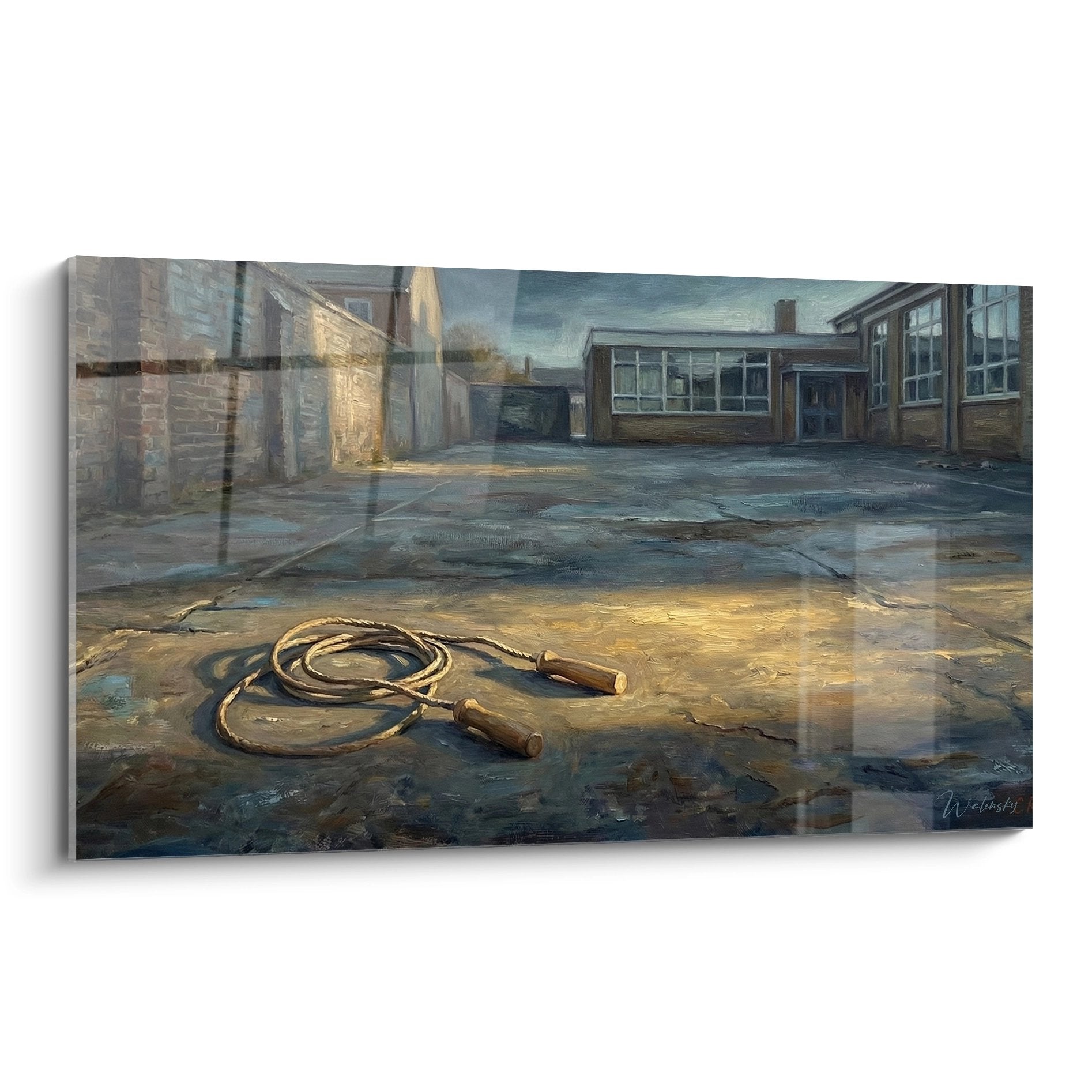 Artistic painting of an abandoned jump rope on wet asphalt in a nostalgic school courtyard with golden light