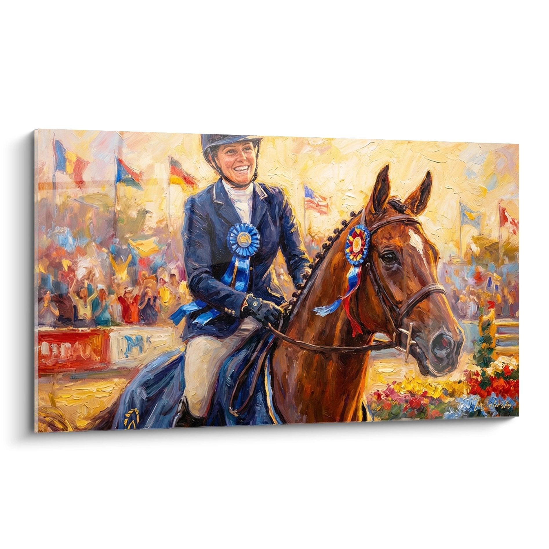 Quadro di una cavallerizza sorridente in abito blu sul suo cavallo baio dopo una vittoria in una competizione equestre
