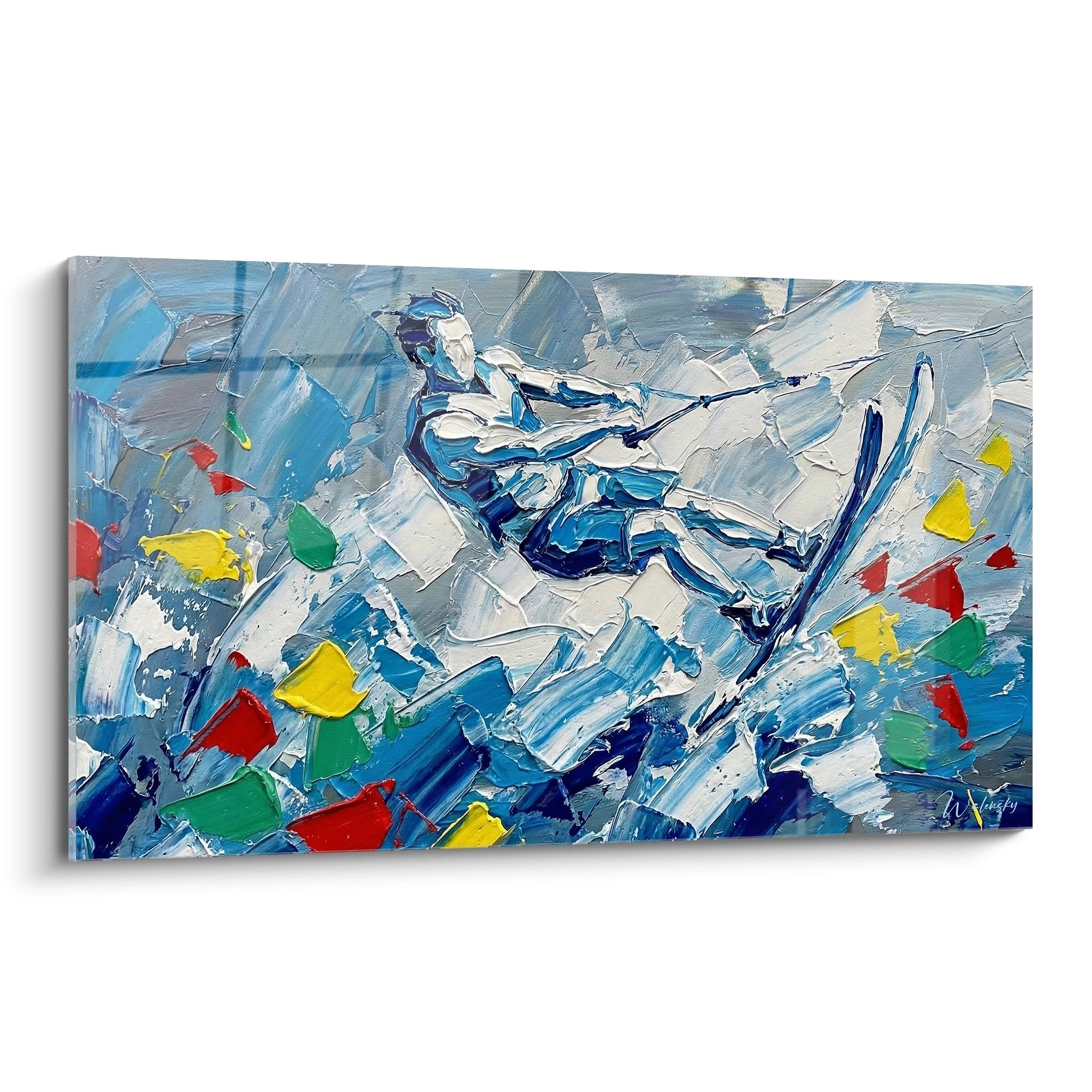 Tableau moderne skieur nautique peinture abstraite couleurs vives bleu blanc sports aquatiques decoration murale