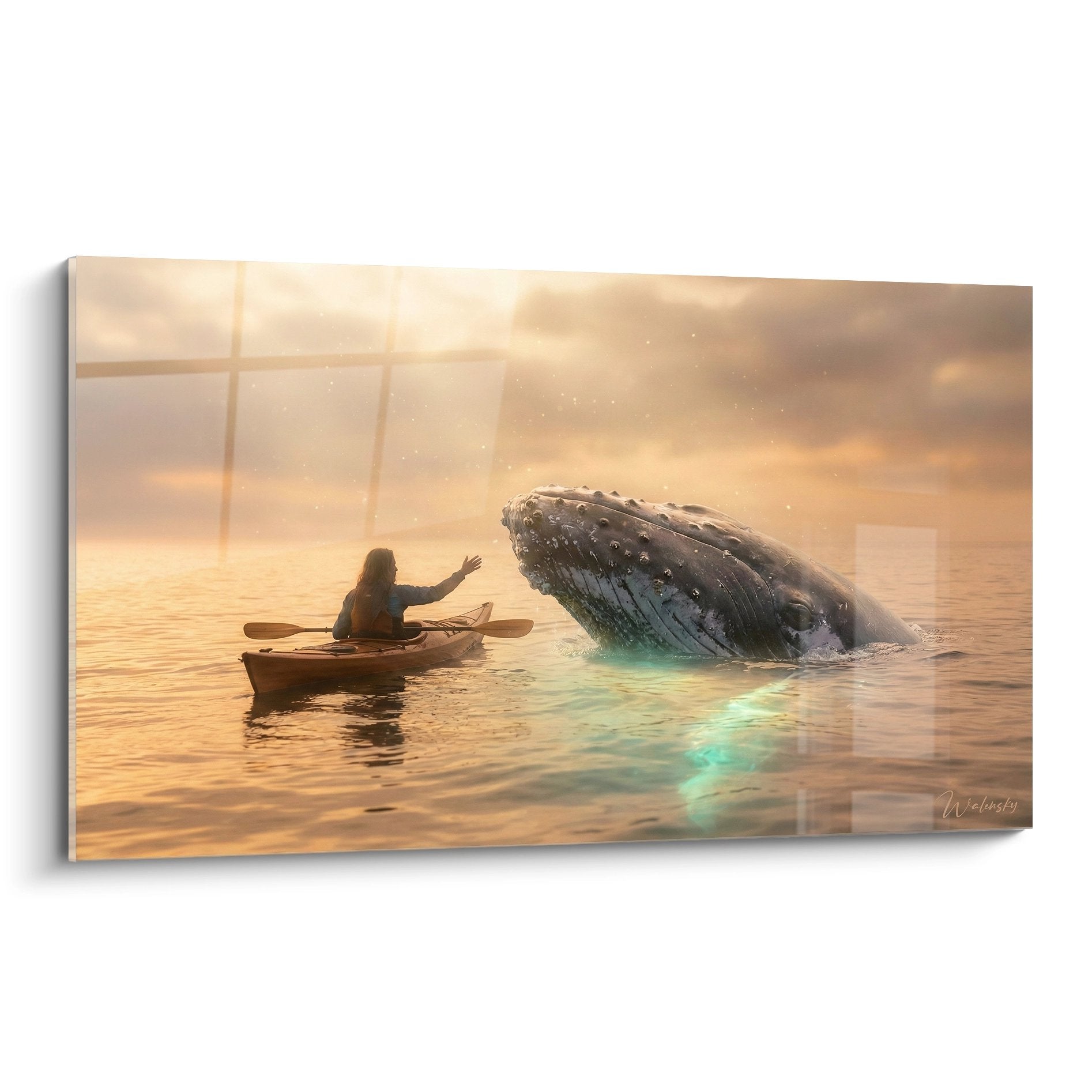Kayaker waving at a whale at sunset, majestic golden maritime scene