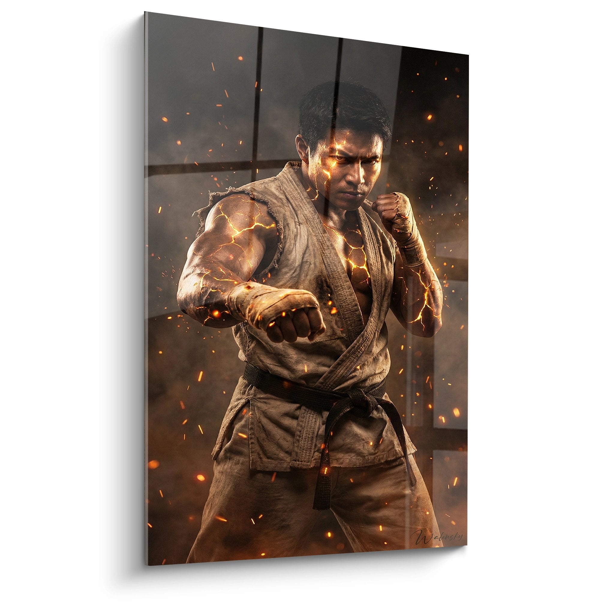 Tableau karate guerrier en gi avec effets etincelles dorees et orangees en posture de combat dynamique