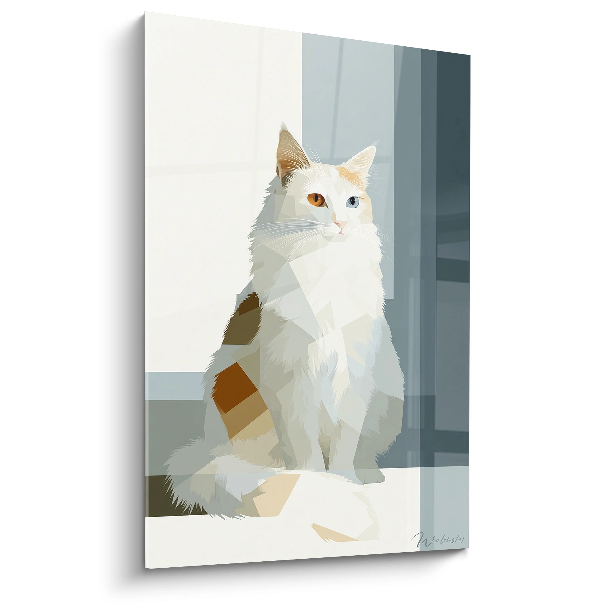 Tableau decoratif representant un chat Turkish Van aux yeux vairons dans un style geometrique moderne sur toile