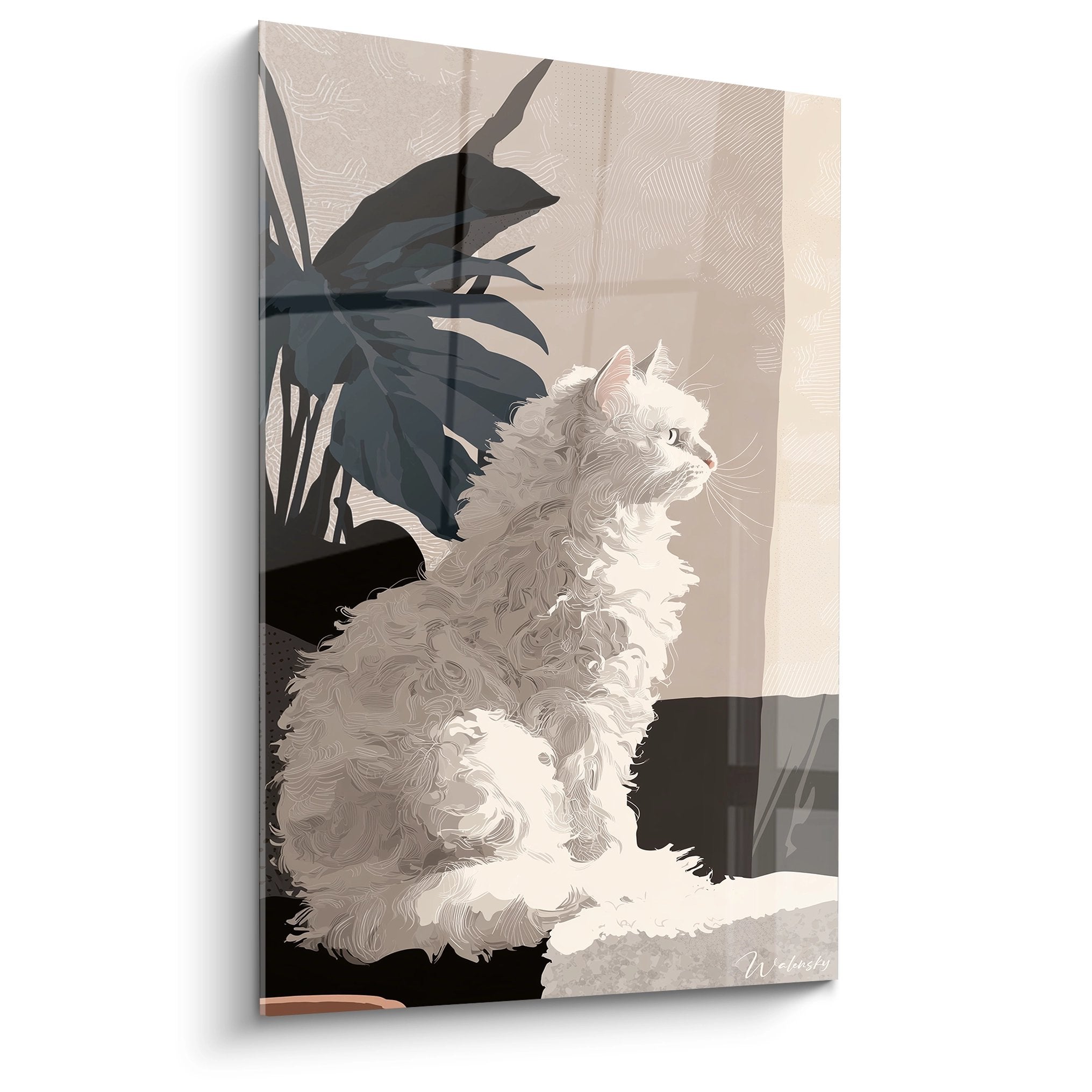 Tableau moderne chat Selkirk Rex blanc aux boucles soyeuses pose contemplative decor tropical minimaliste