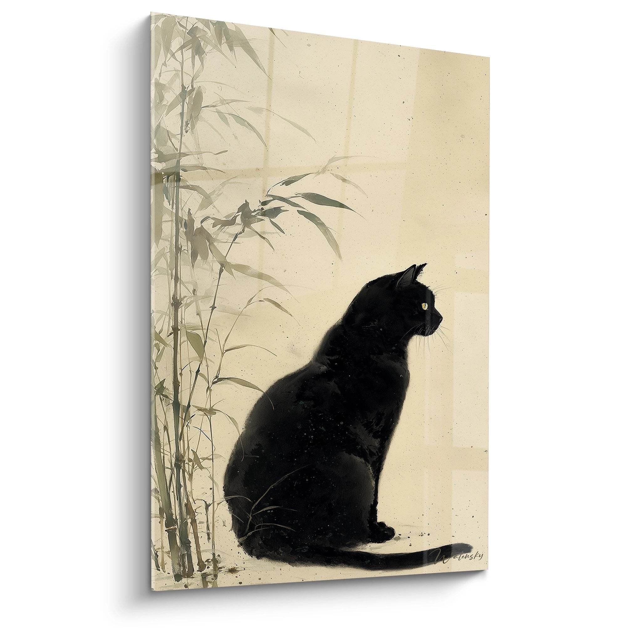 Dekoratives Gemälde schwarze Katze sitzt neben grünem Bambus auf beigem Hintergrund japanischer Zen-Stil