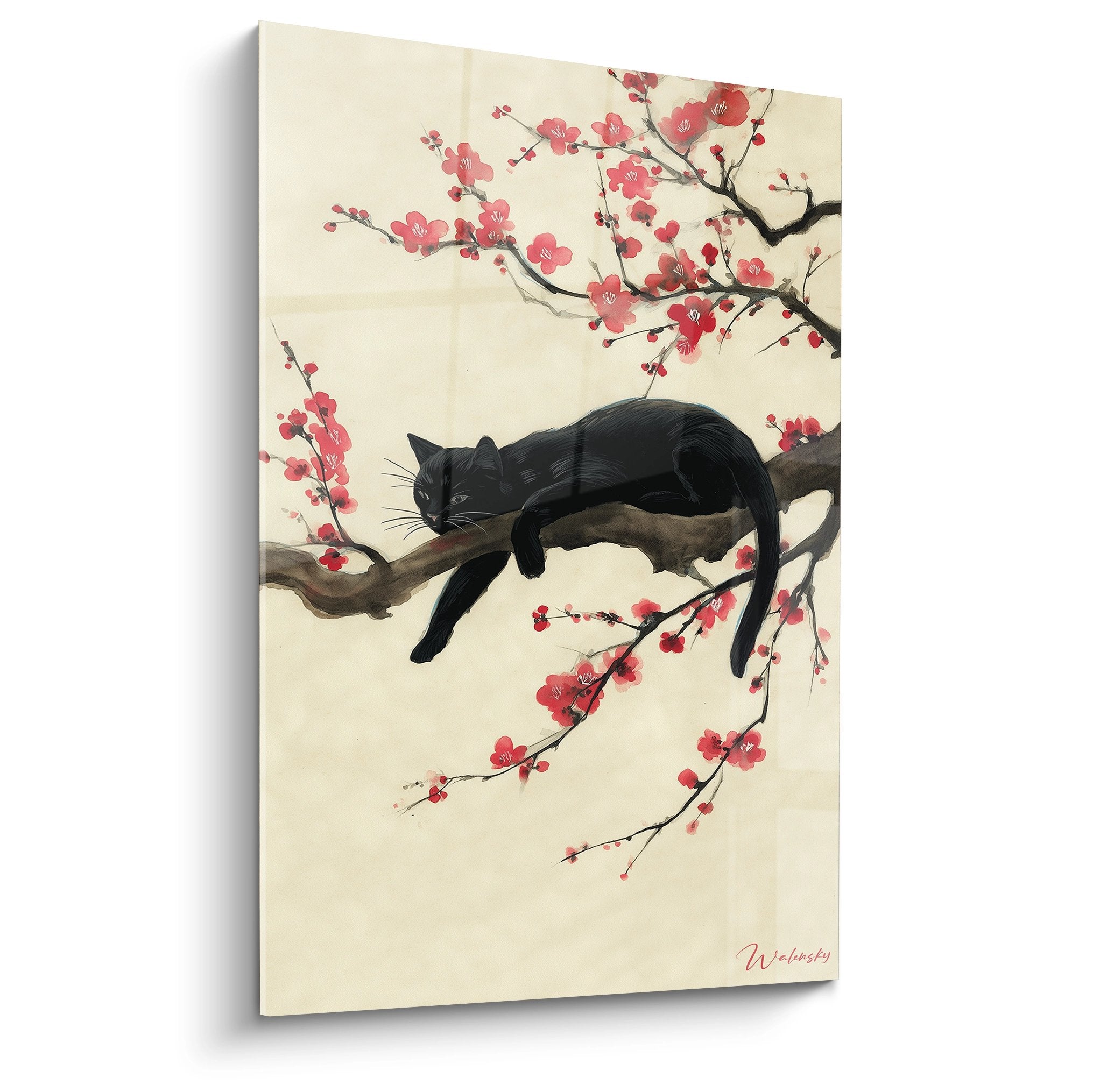 Künstlerisches Gemälde einer schlafenden schwarzen Katze auf einem blühenden Kirschzweig, traditioneller japanischer Zen-Stil
