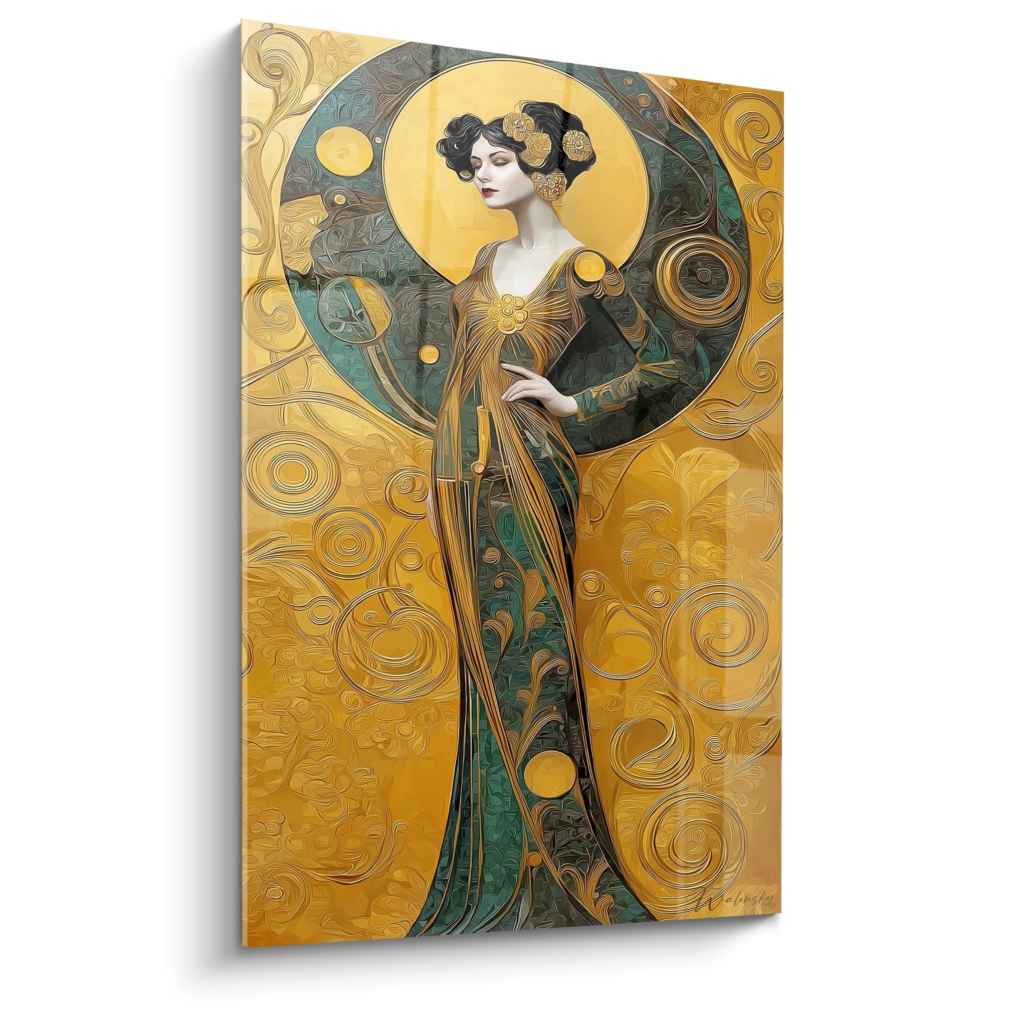 Art Nouveau woman elegant painting golden dress ornamental motifs art deco style wall decor