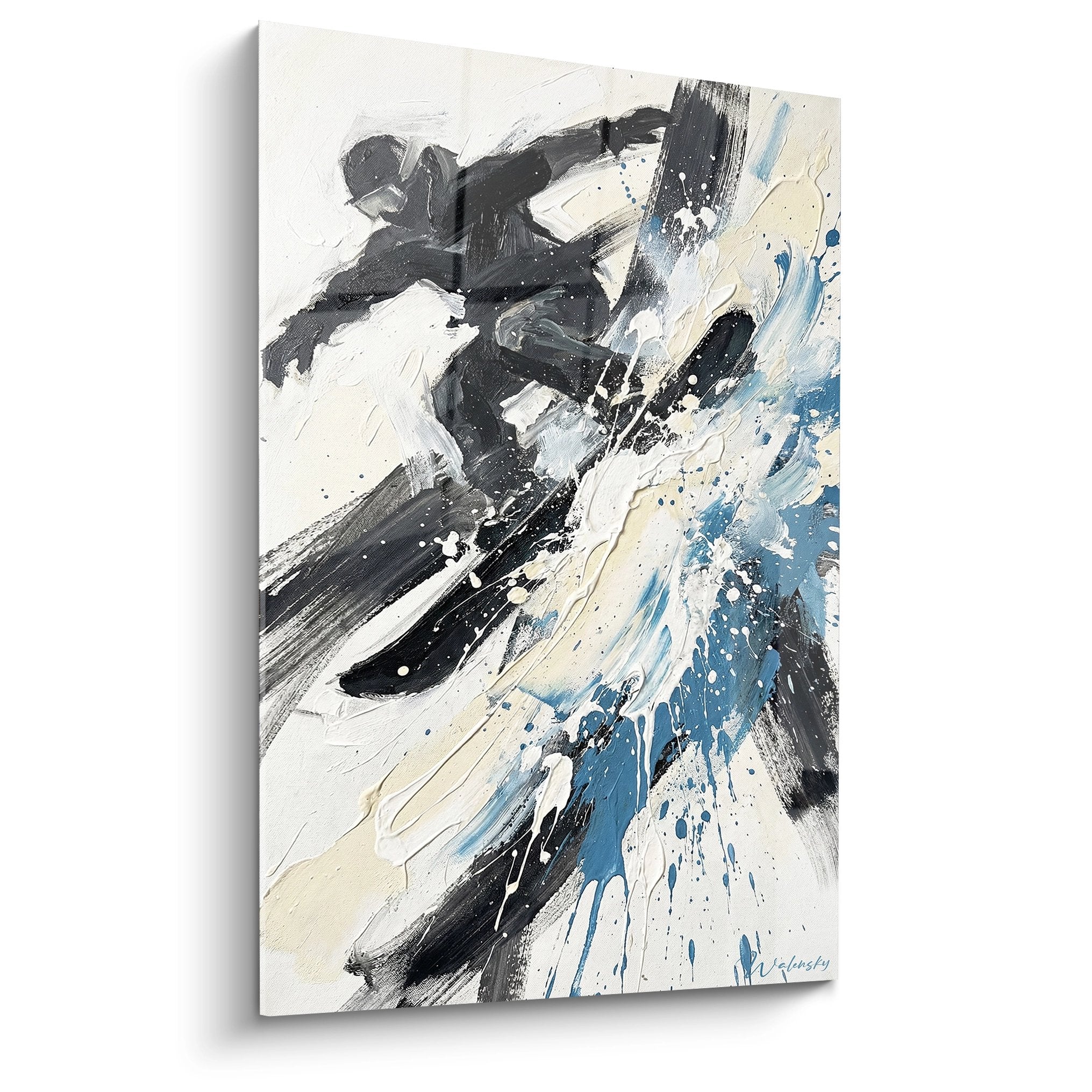 Tableau art abstrait aux couleurs bleu noir blanc evoquant energie snowboard decoration murale moderne
