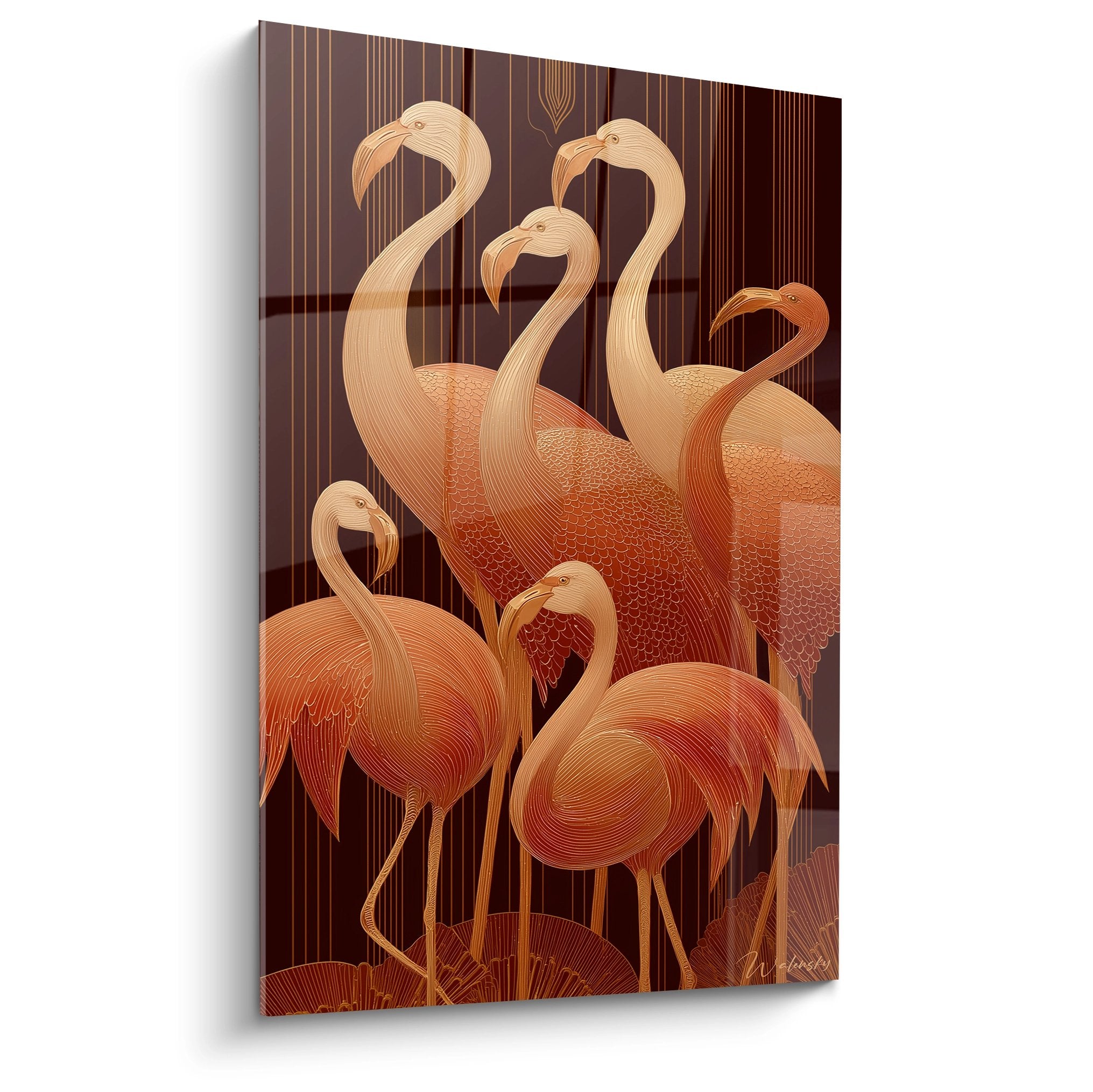 Quadro art déco che rappresenta sei fenicotteri rosa dorati su fondo geometrico rigato, stile lussuoso e sofisticato