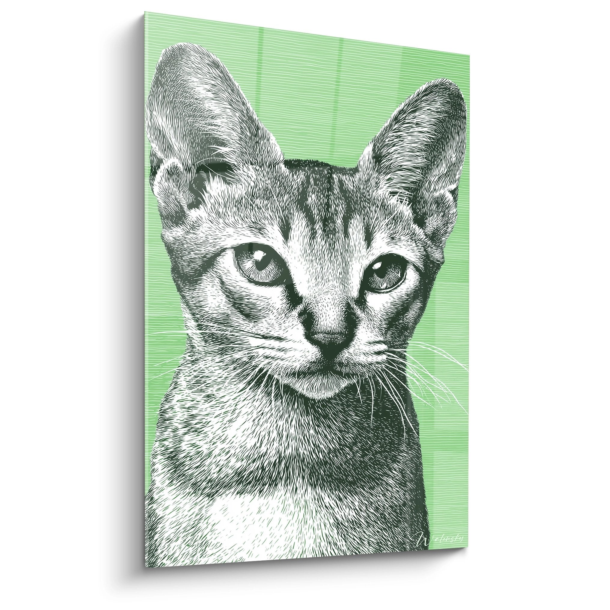 Tableau portrait chat Sokoke technique gravure fond vert menthe yeux émeraude art mural félin déco