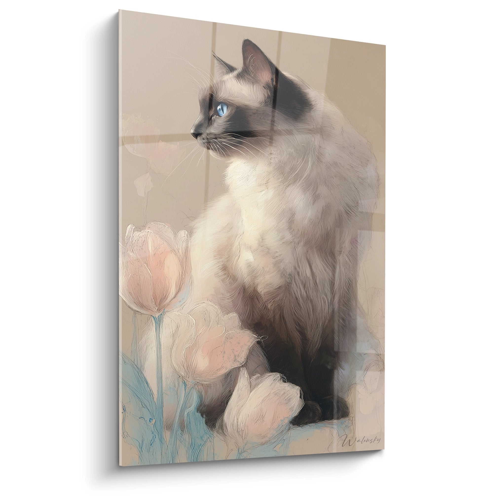 Artistic Birman cat painting with blue eyes sitting near pink tulips on beige background, elegant feline wall art