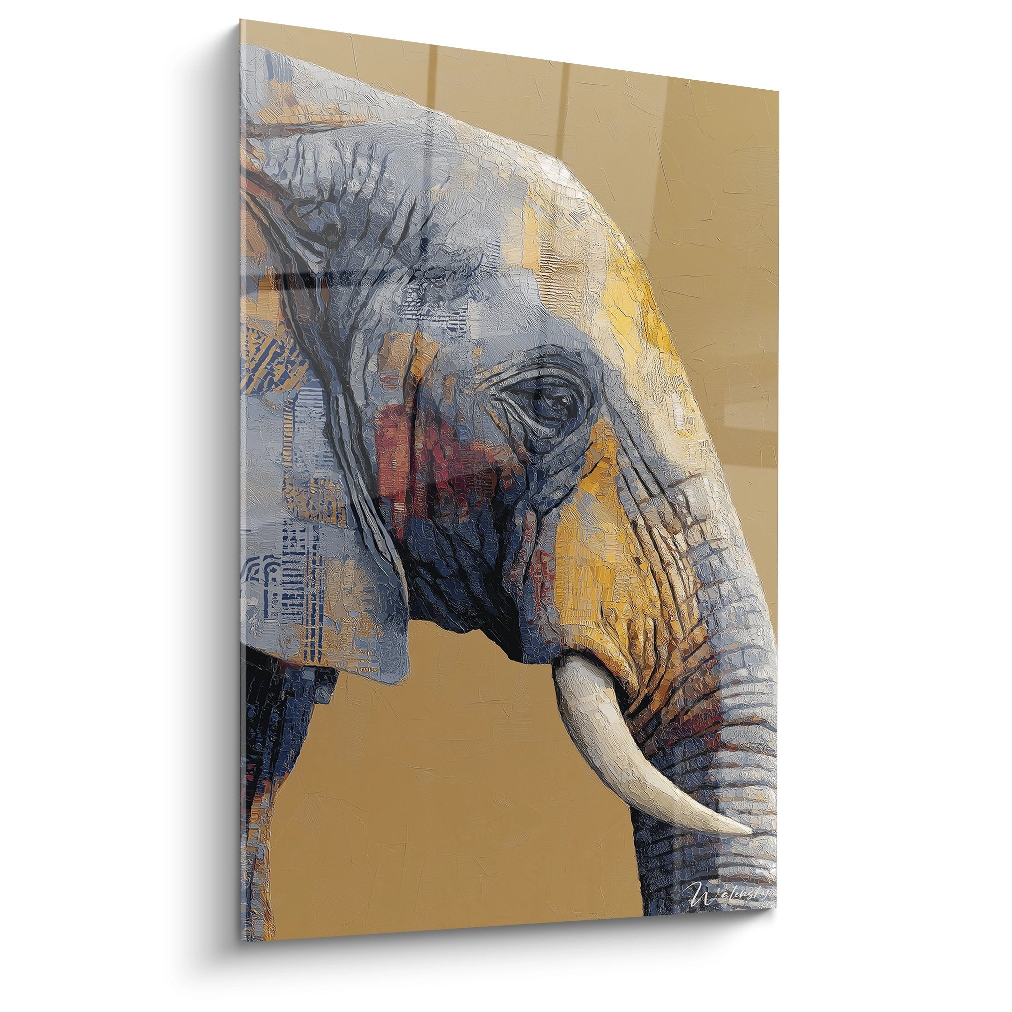 Modernes Elefanten-Wandbild aus Afrika mit goldenen und grauen Tönen, zeitgenössischer künstlerischer Wandstil