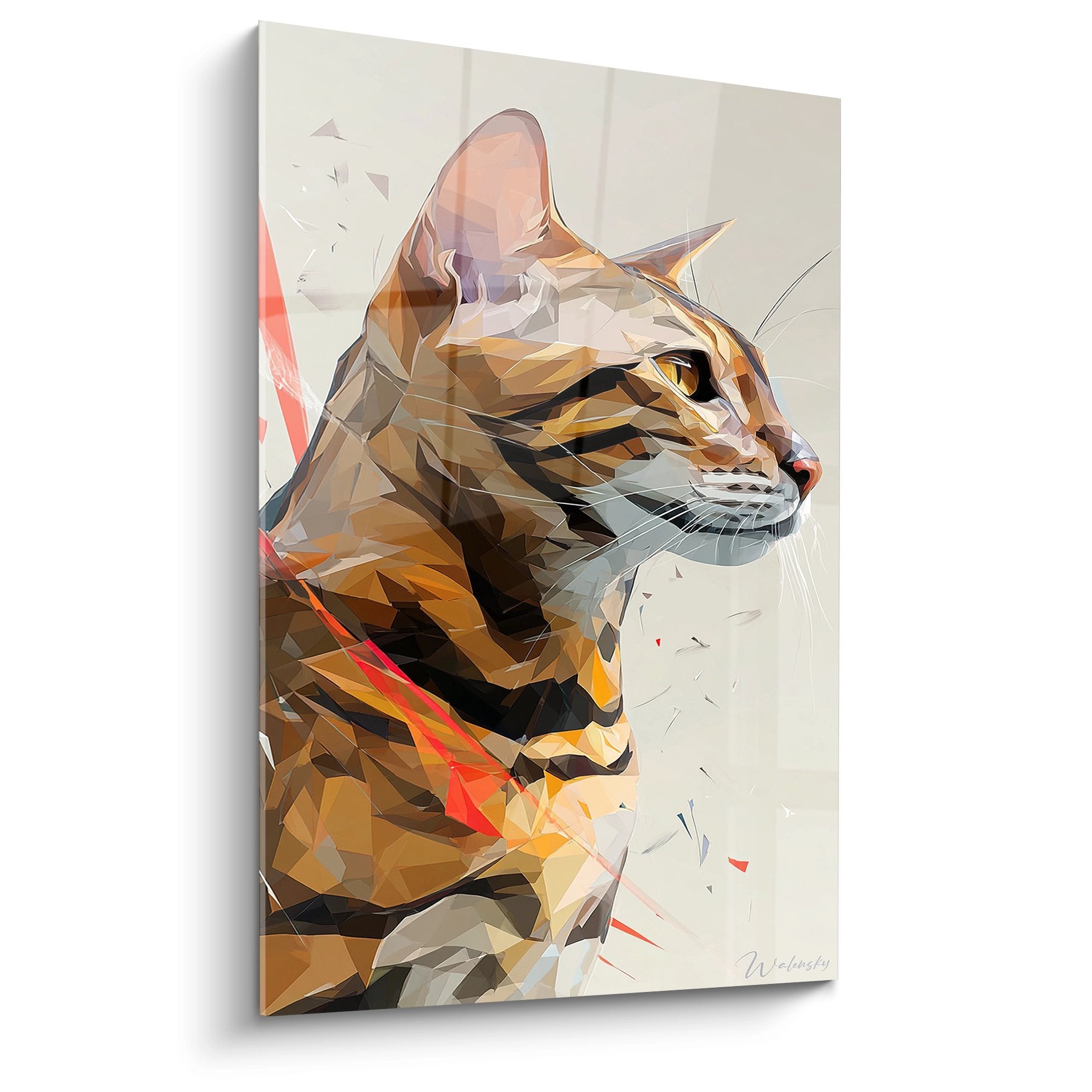 Tableau mural représentant un chat Toyger en style géométrique polygonal aux tons chauds oranges et ocres