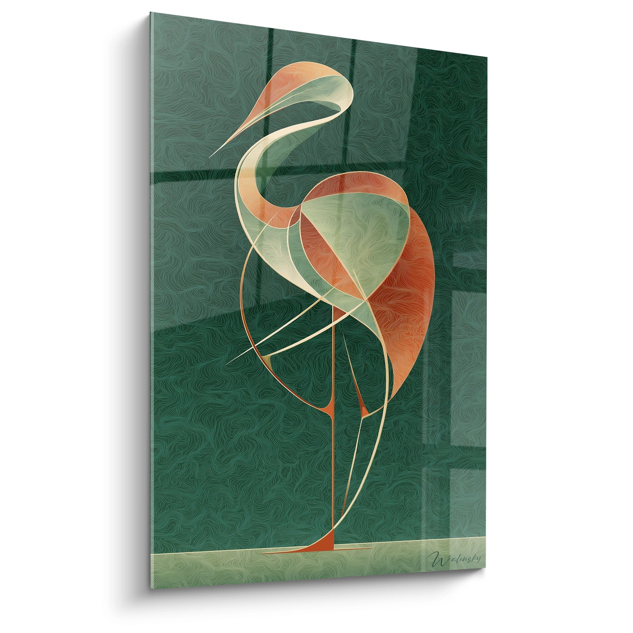 Quadro fenicottero stilizzato art déco tonalità rame verde decorazione murale moderna elegante