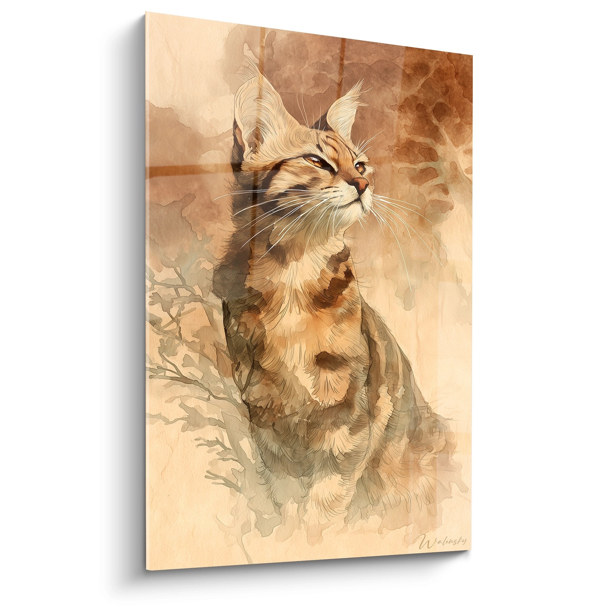 Tableau art mural chat Sokoke en aquarelle tons beiges, regard mystique vers le haut, style watercolor