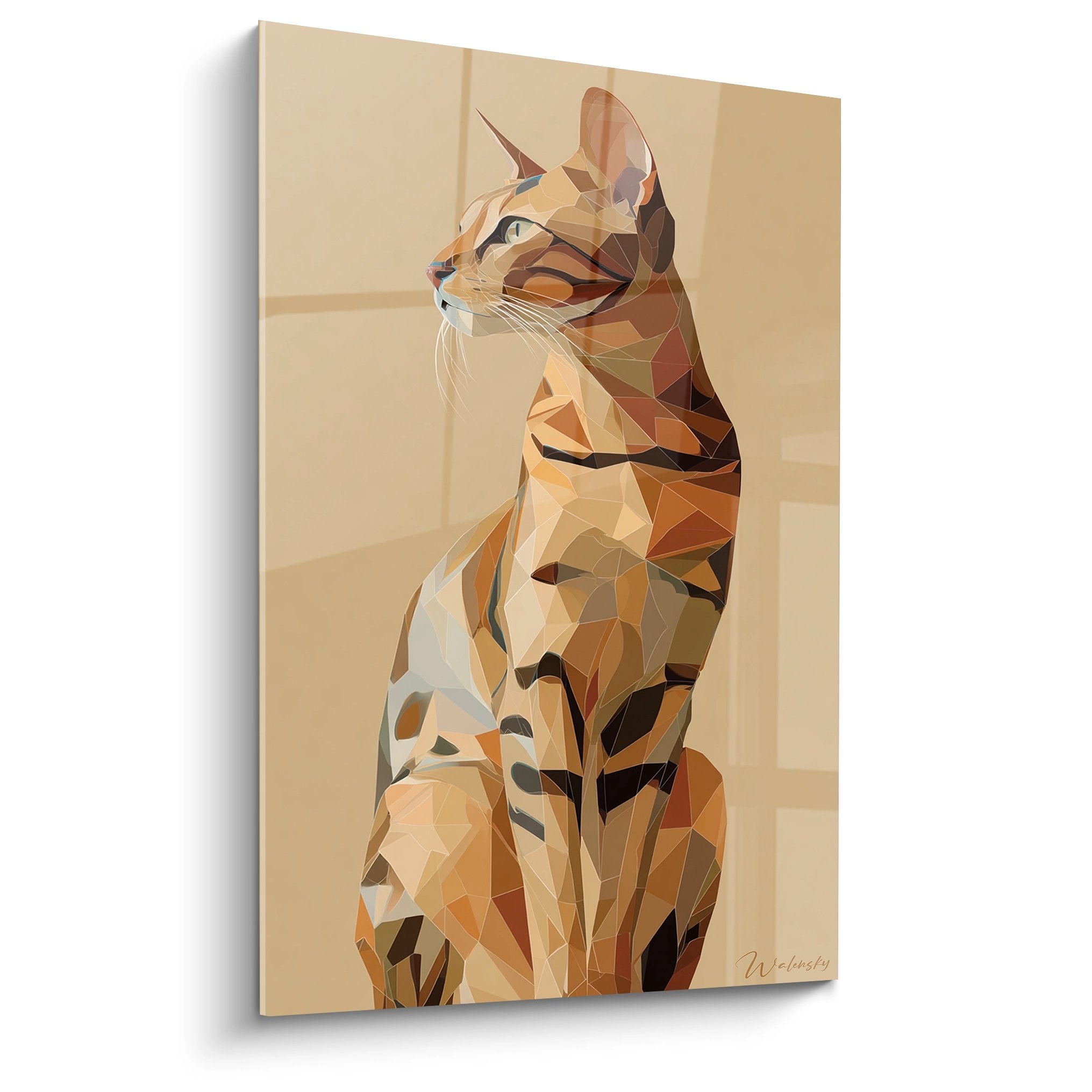 Quadro gatto Serengeti stile poligonale con tonalità ocra e beige, arte geometrica moderna per decorazione murale