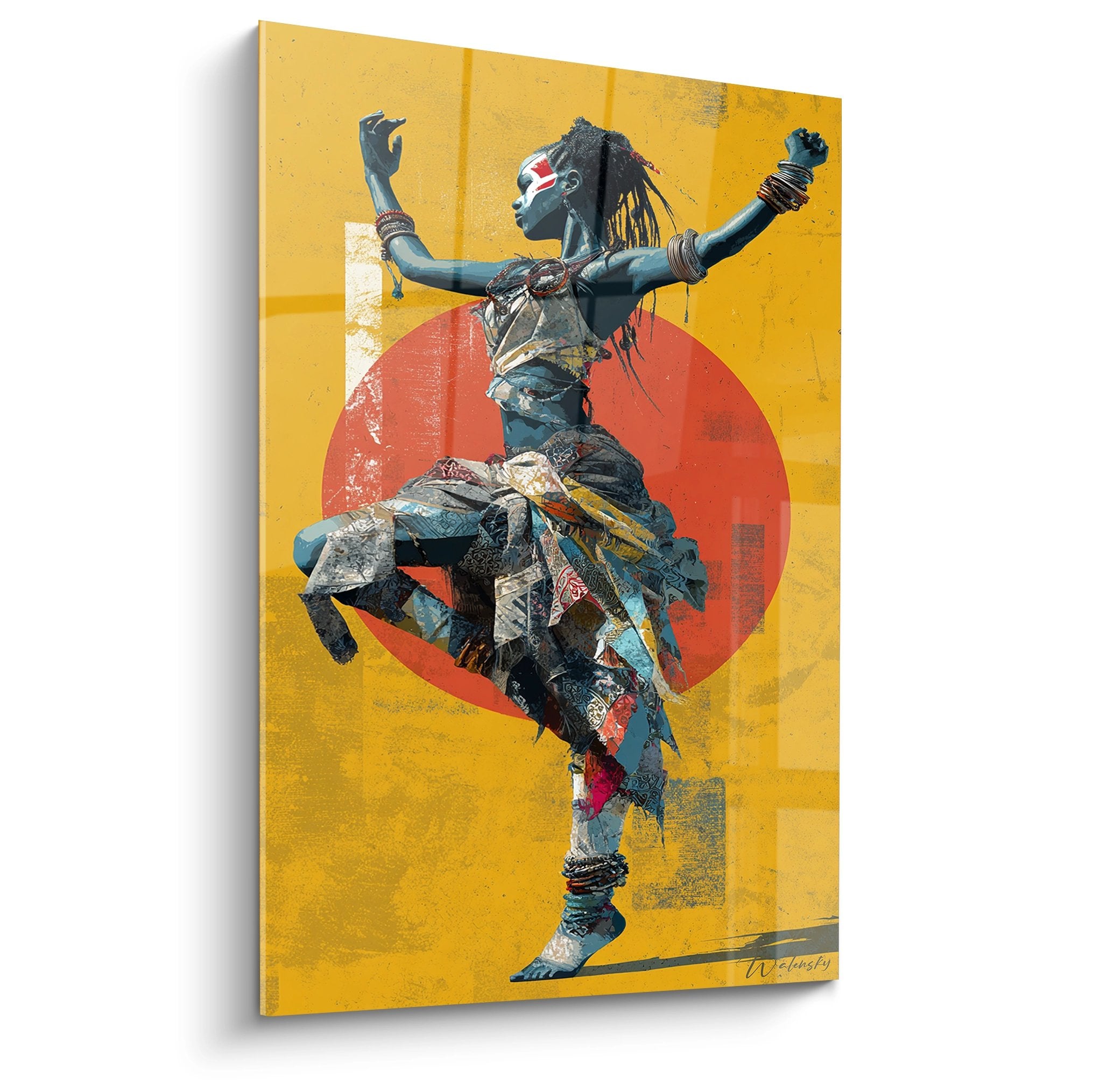 Quadro danza africana ballerino tribale movimento tradizionale sfondo giallo rosso arte etnica moderna