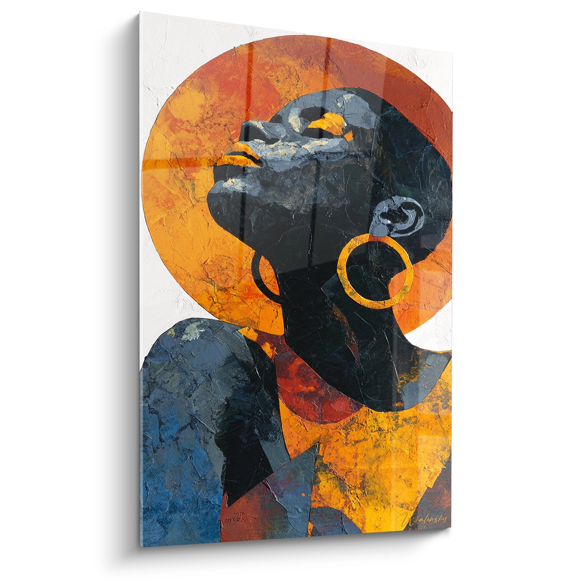Quadro ritratto astratto geometrico colori arancione blu che rappresenta l'arte africana moderna decorazione murale contemporanea