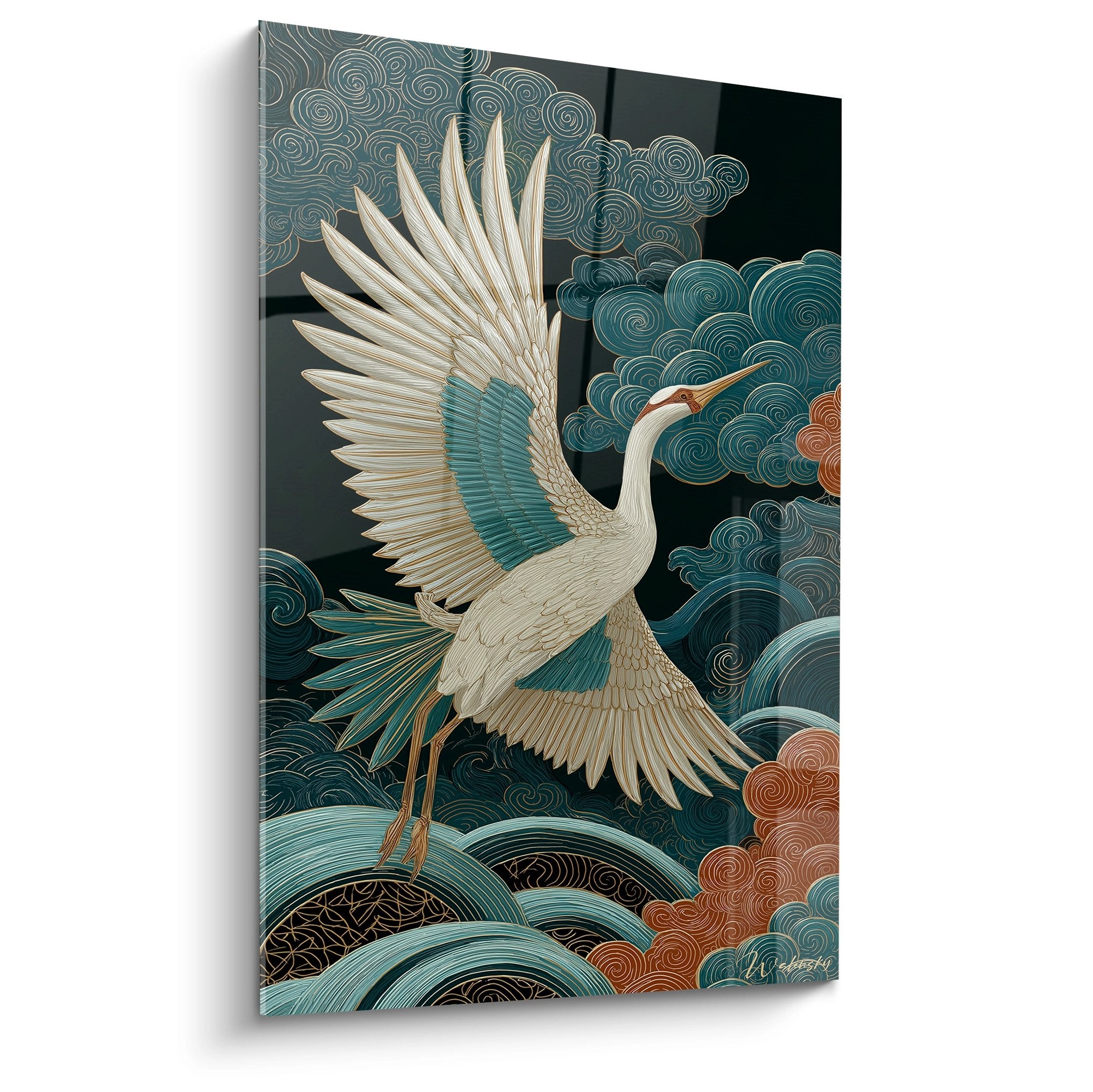Art deco painting white crane with spread wings on stylized blue and copper clouds background