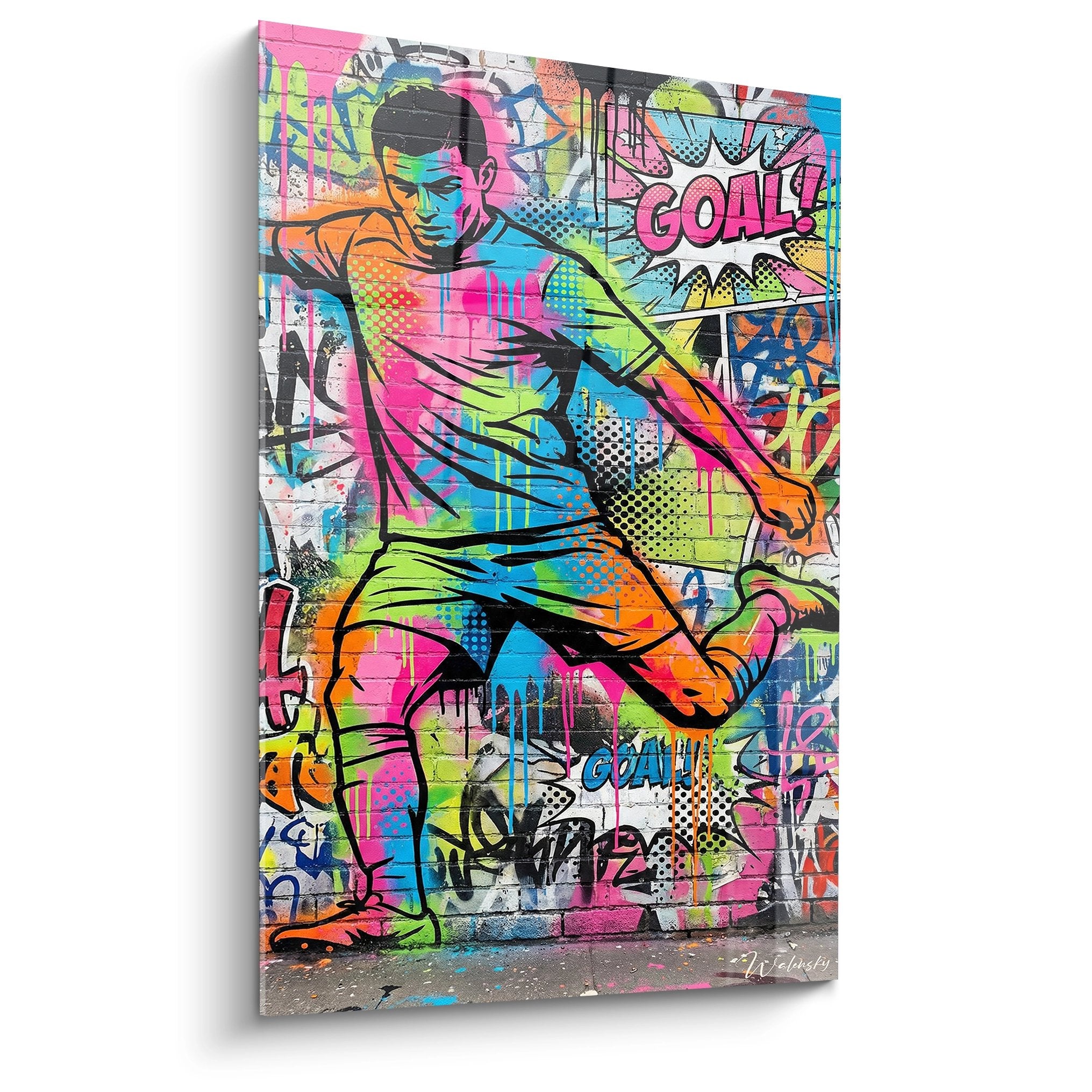 Tableau street art footballeur coloré en action avec graffitis et inscription GOAL sur mur urbain