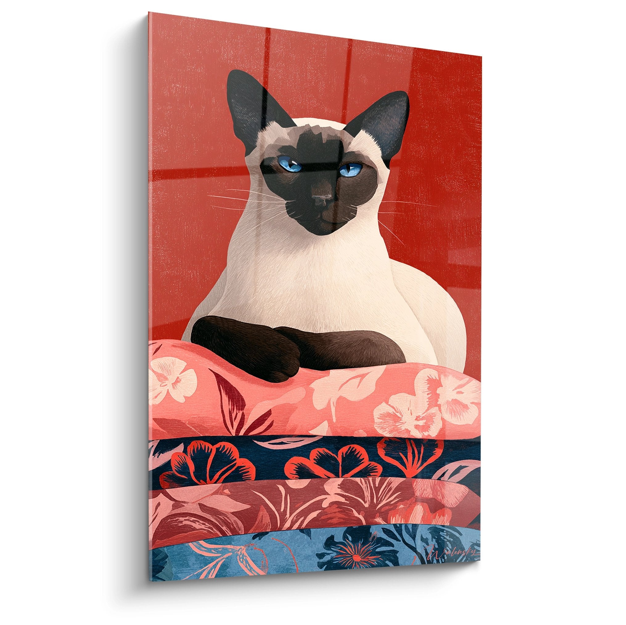 Quadro moderno gatto siamese con occhi blu su sfondo rosso con motivi floreali tropicali hawaiiani