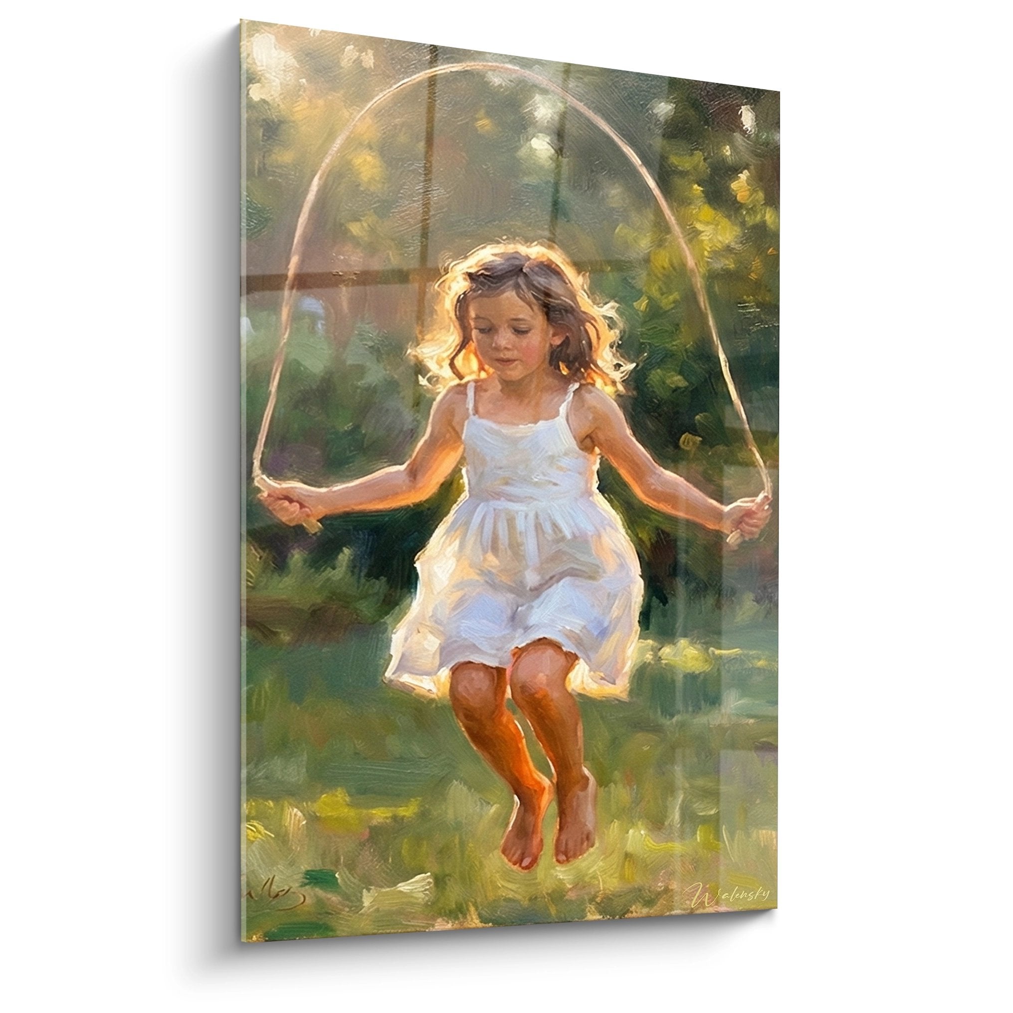 Painting of a young girl in a white dress jumping rope in a sunny garden, childhood wall art