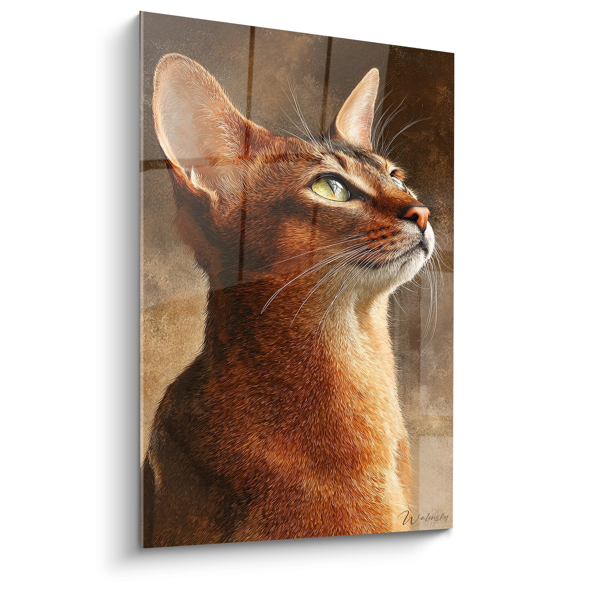 Realistic portrait of a ginger Abyssinian cat with a contemplative gaze looking upward against a neutral beige background