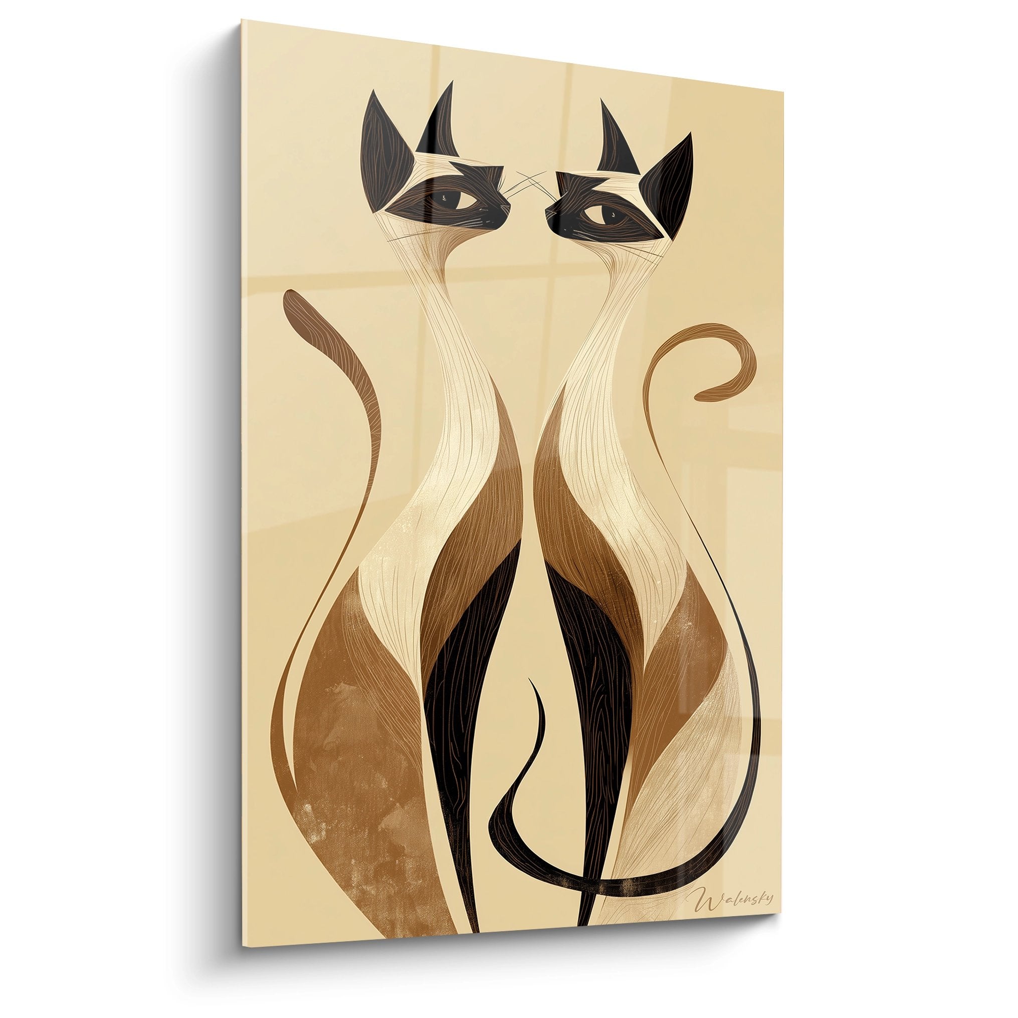 Quadro decorativo moderno che rappresenta una coppia di gatti siamesi stilizzati nei toni beige e marrone su fondo crema