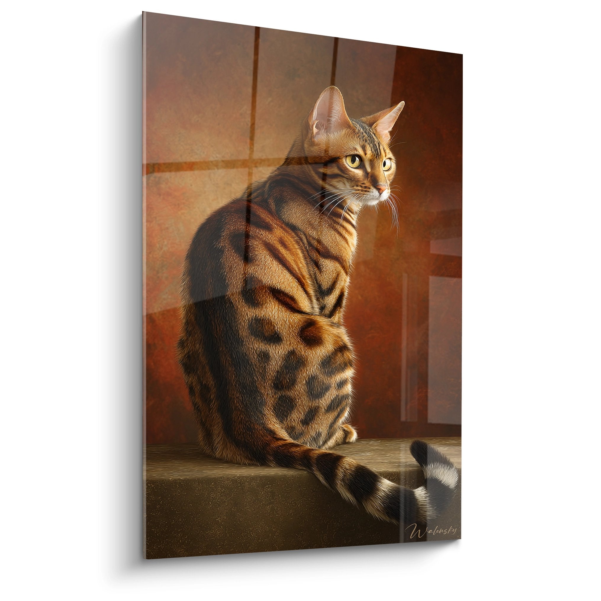 Wall art depicting a seated Toyger cat in golden light on terracotta tiles